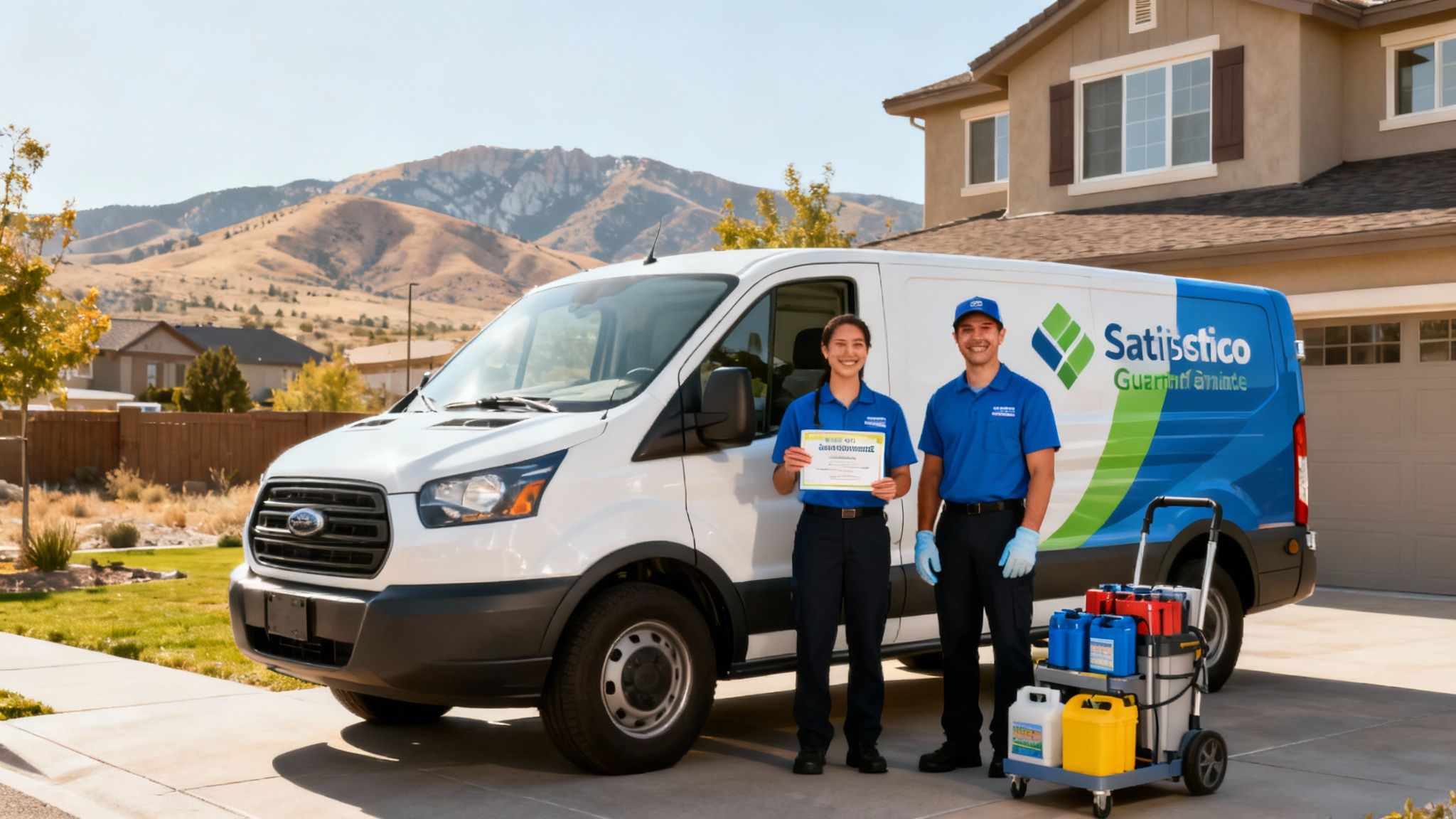 Two smiling cleaning service technicians in blue uniforms stand with their branded van and cleaning supplies.
