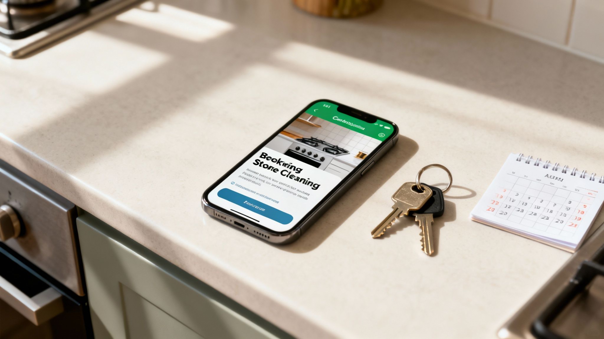 A smartphone displaying a 'Booking Stone Cleaning' app on a kitchen counter with keys and a calendar.
