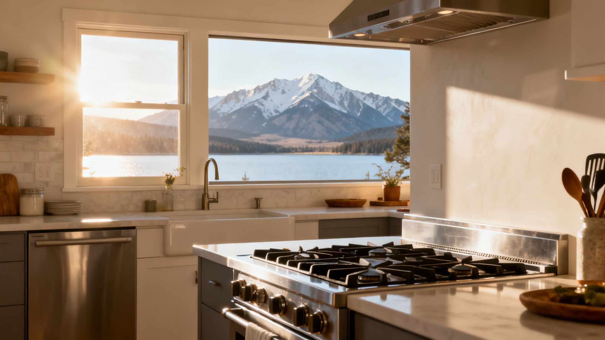 A modern kitchen with a view of a serene lake and snow-capped mountains at sunset.