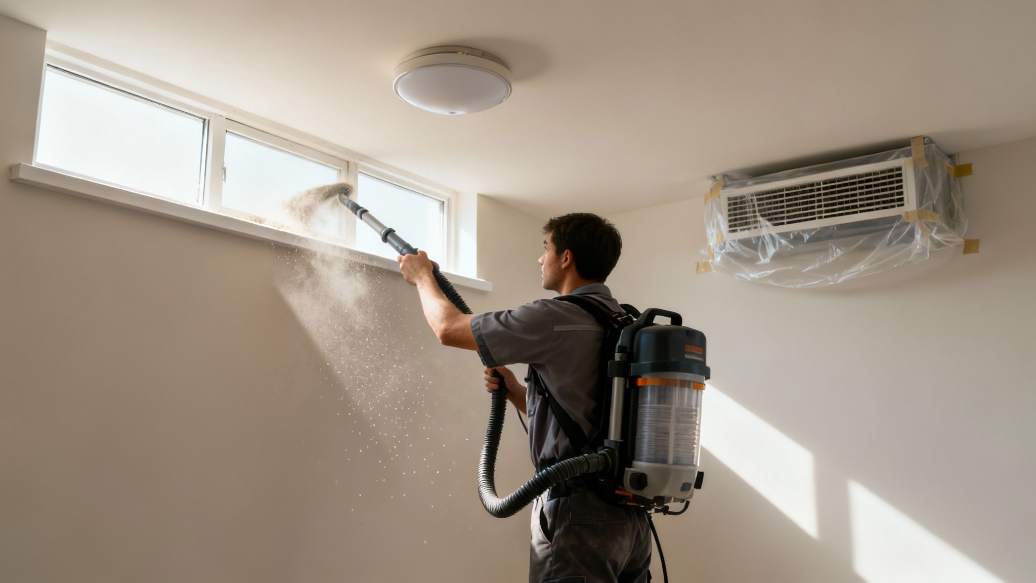 Man cleaning dust from a window sill with a backpack vacuum cleaner after construction.