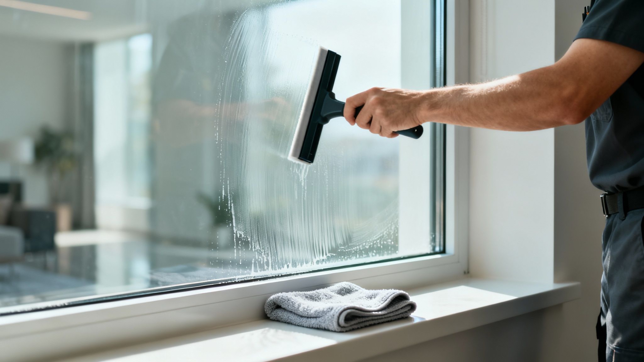 Close-up of a person's hand cleaning a glass window with a squeegee and soap suds.