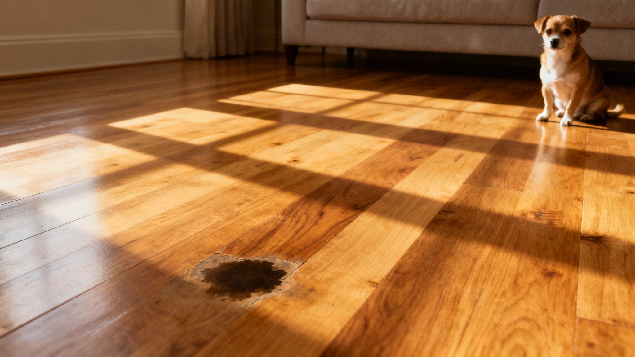 A small dog sits on a sunlit wooden floor near a dark urine stain, suggesting an accident.