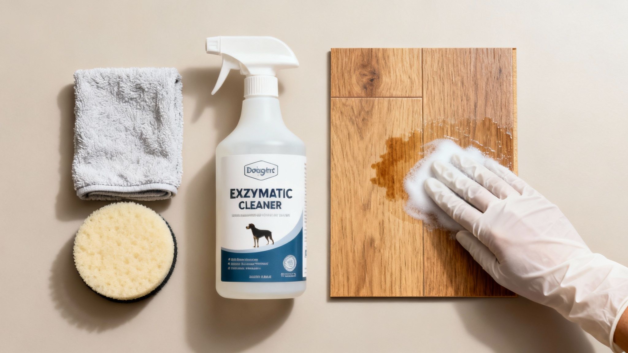 A gloved hand uses dog enzymatic cleaner to remove a dark stain from a hardwood floor.