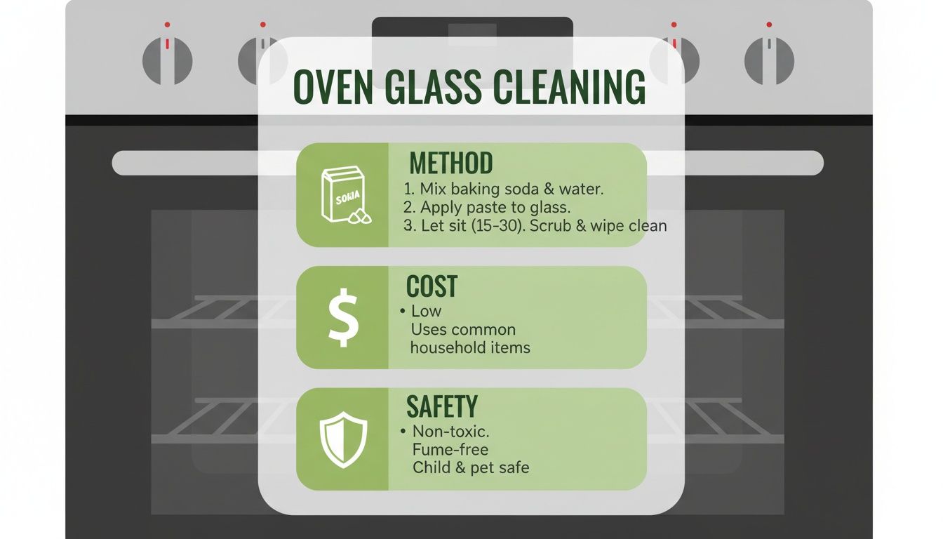Infographic showing a simple method for cleaning oven glass using baking soda, highlighting its low cost and safety.