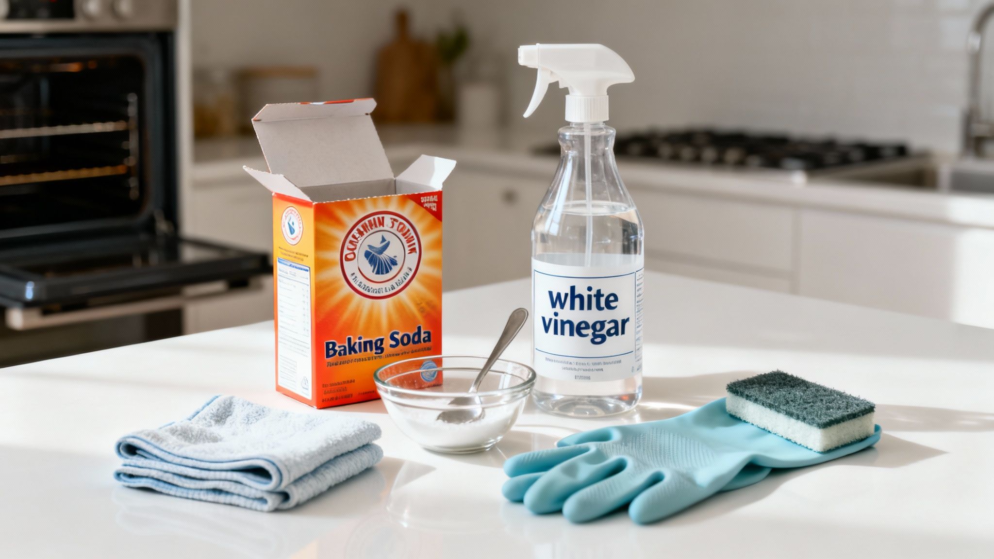 Natural cleaning supplies like baking soda, white vinegar, gloves, and sponges on a kitchen counter, ready for oven cleaning.