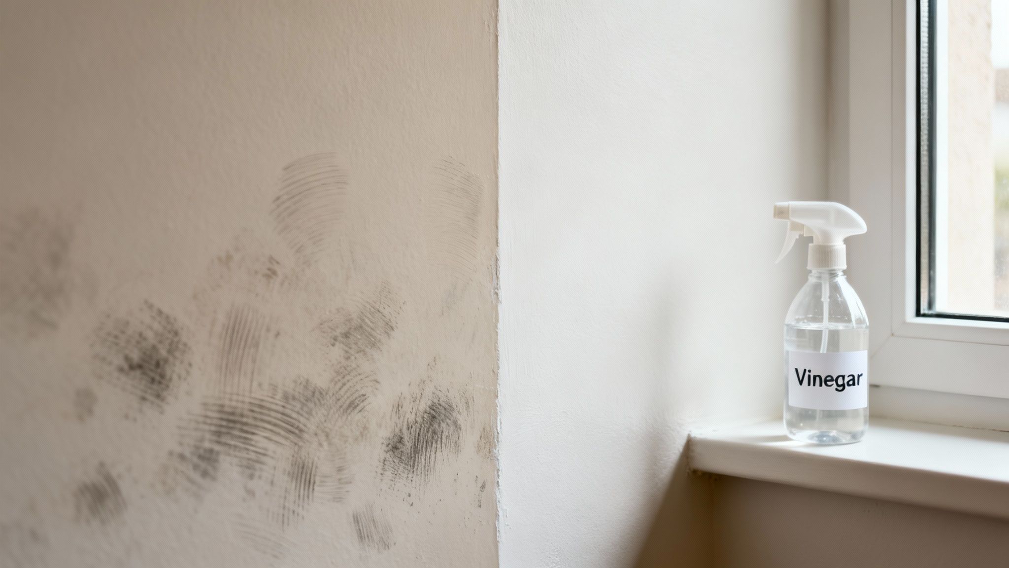 A dirty wall covered in black mold stains next to a clean wall and a vinegar spray bottle on a windowsill.