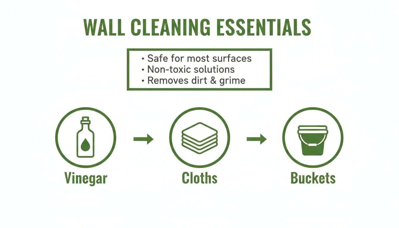 Infographic showing wall cleaning essentials: vinegar, cloths, and buckets, highlighting safety and effectiveness.