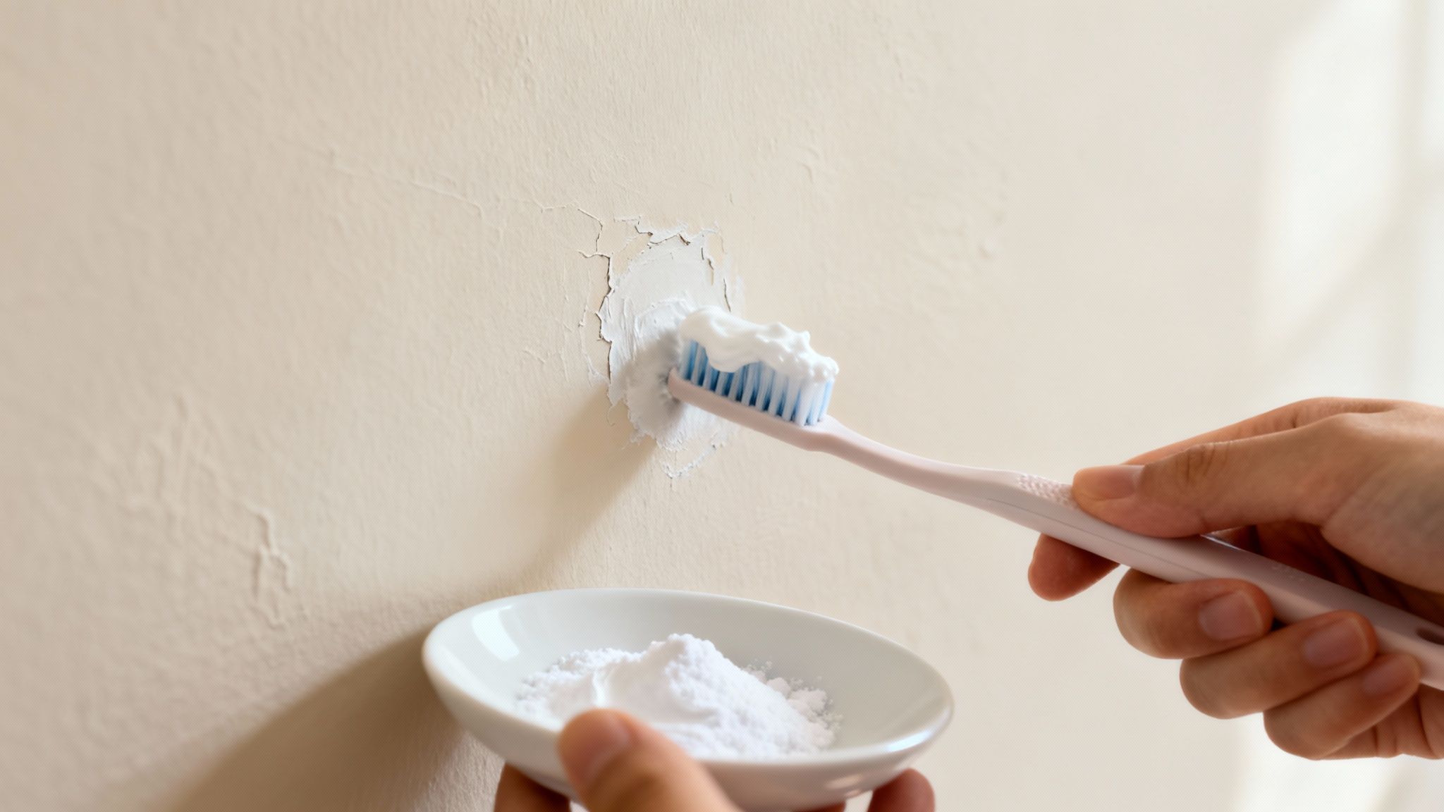 A person applies toothpaste with a toothbrush to clean a stained patch on a light wall, holding baking soda.
