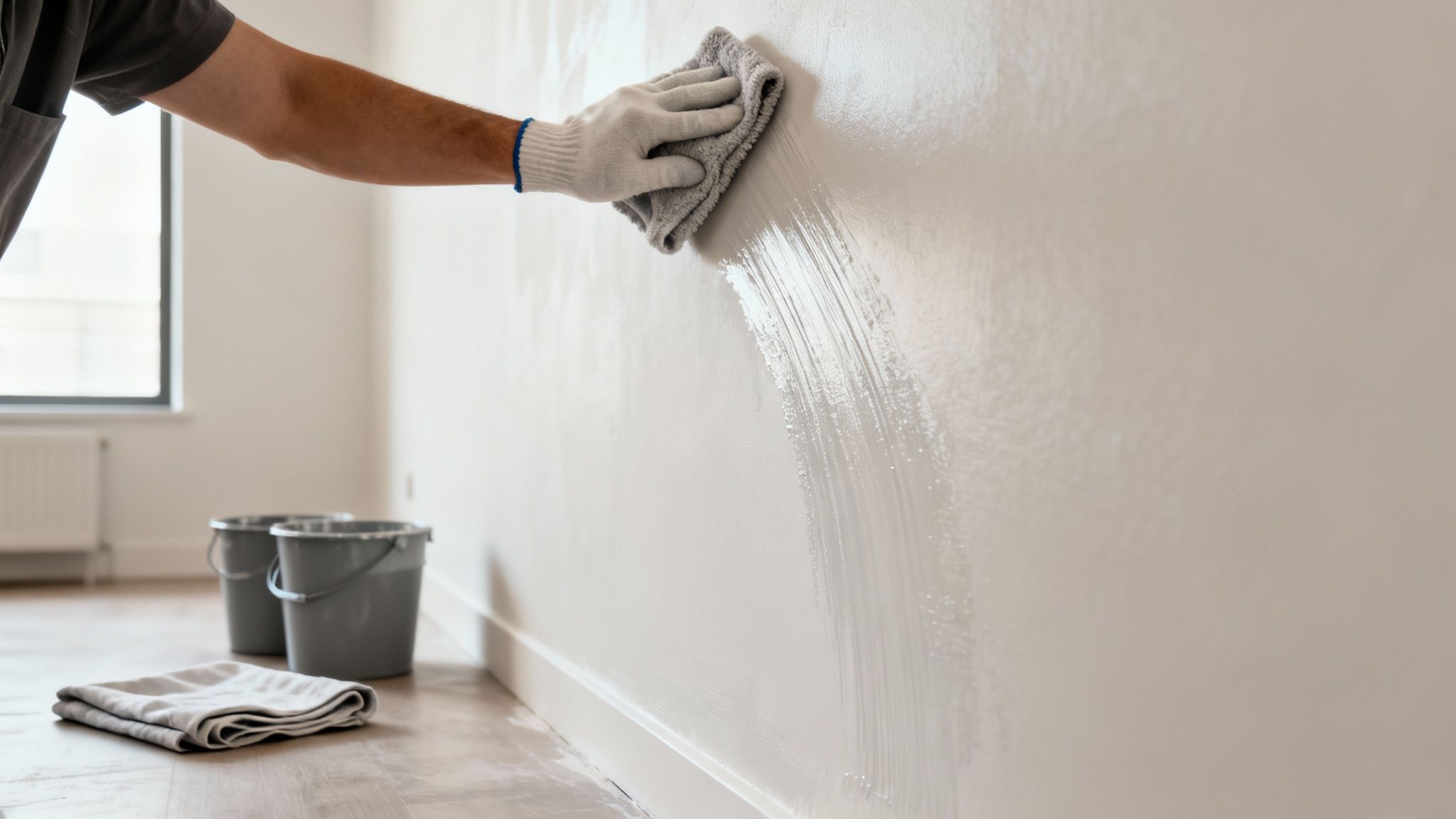 A person in white gloves wipes a light wall with a gray cloth, leaving wet streaks.