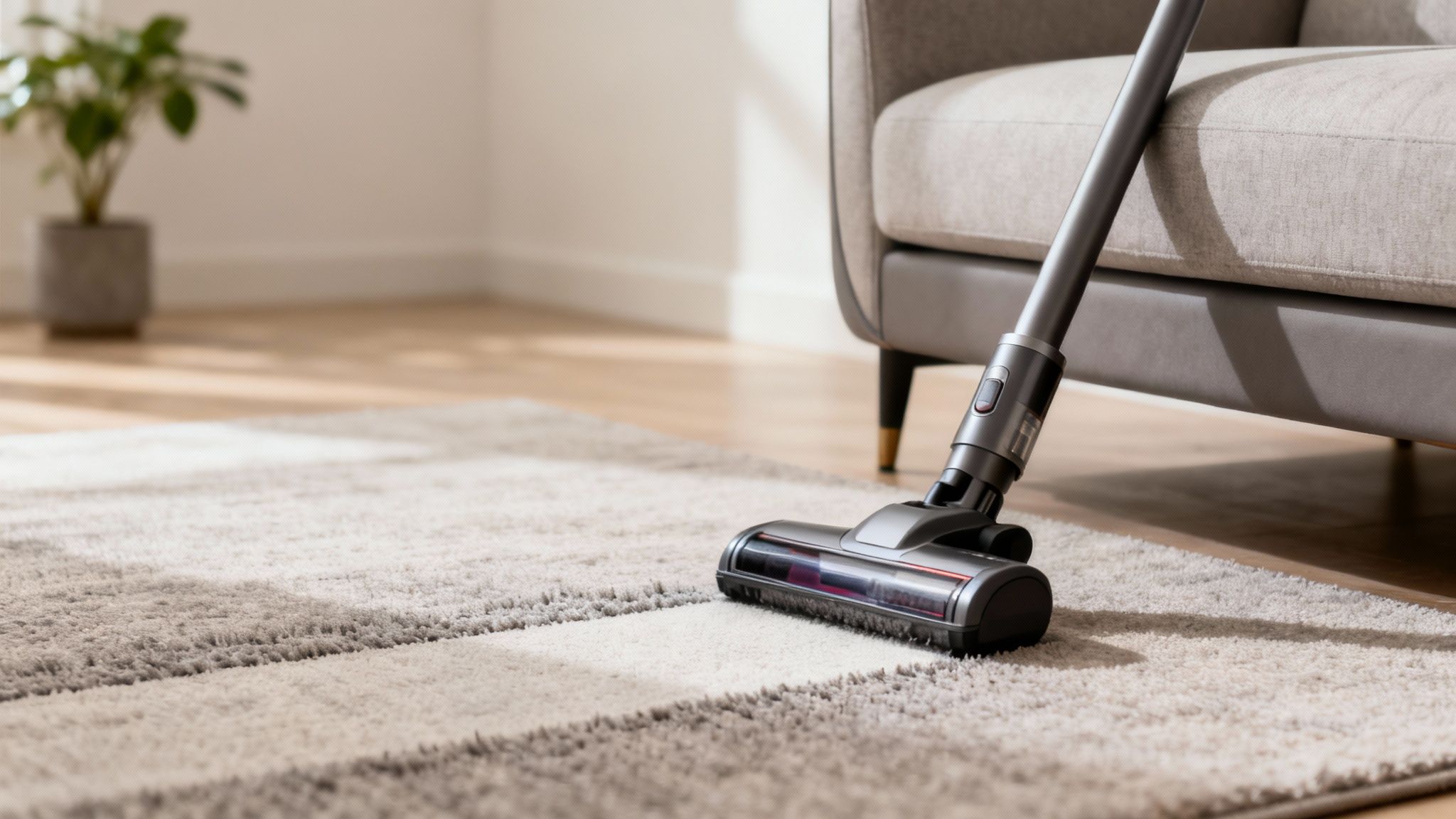 A modern cordless vacuum cleaner head cleaning a striped rug in a bright living room.
