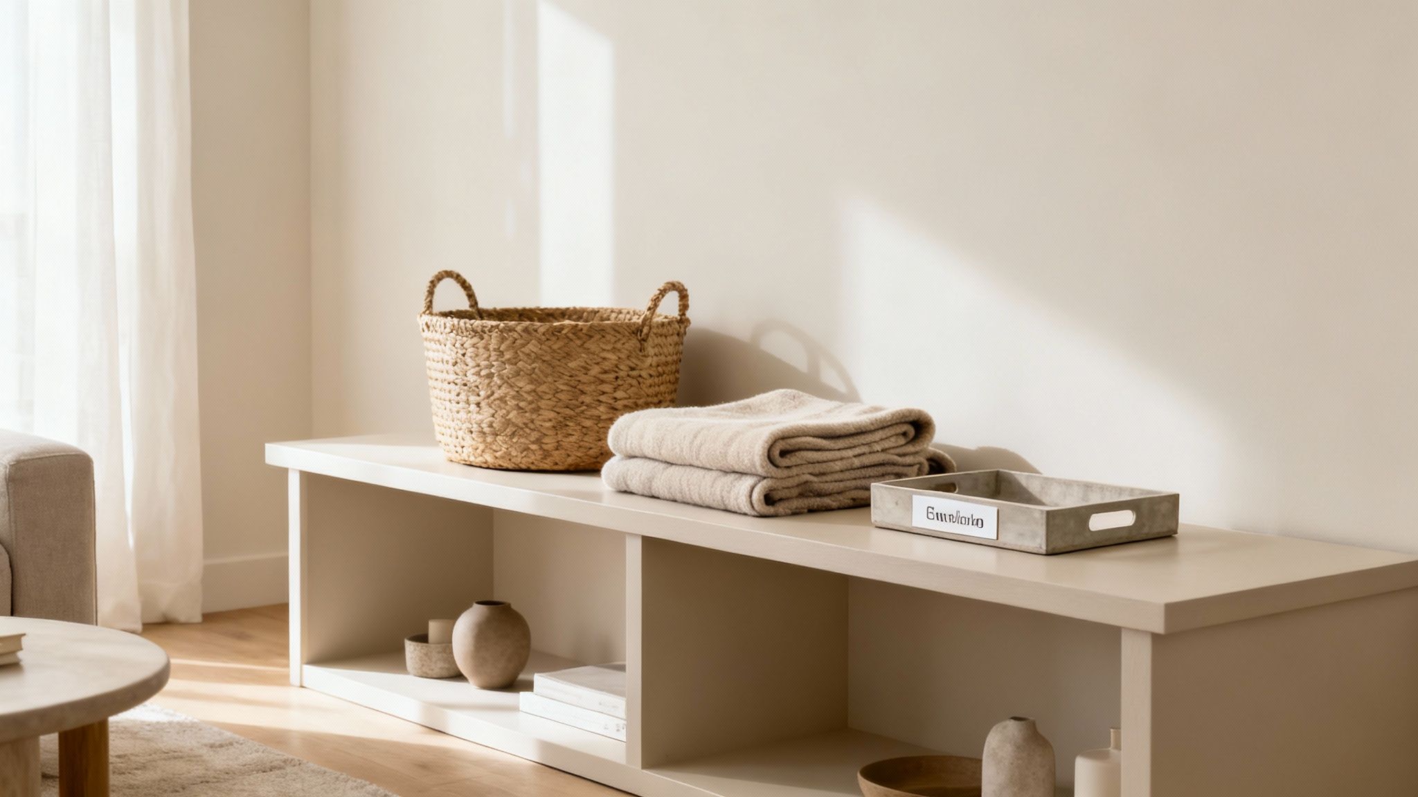 A clean and organized living room with a storage bench, a woven basket, and folded blankets.