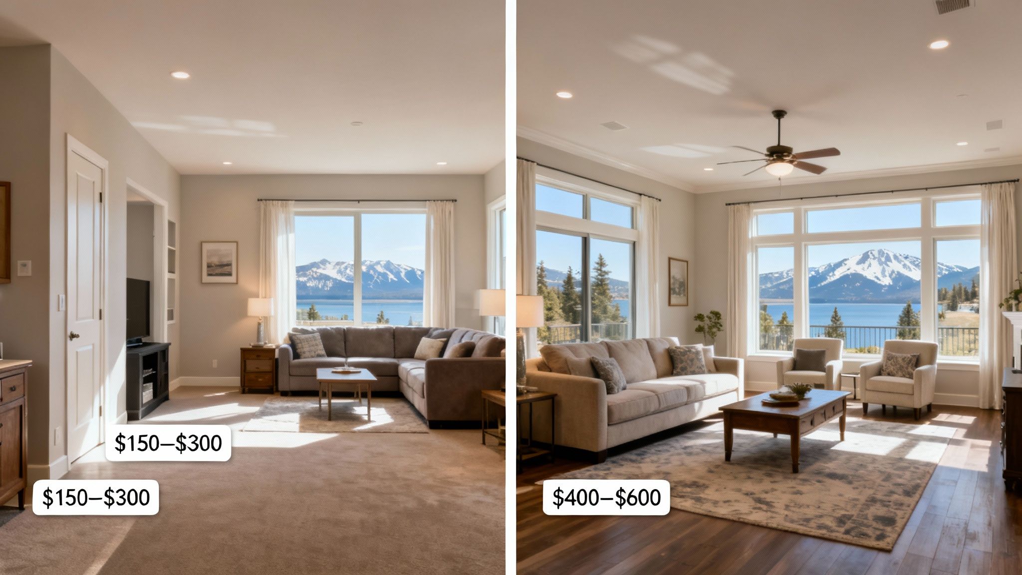 Side-by-side comparison of two living rooms: a basic carpeted room and an upgraded one with hardwood, both overlooking a lake.