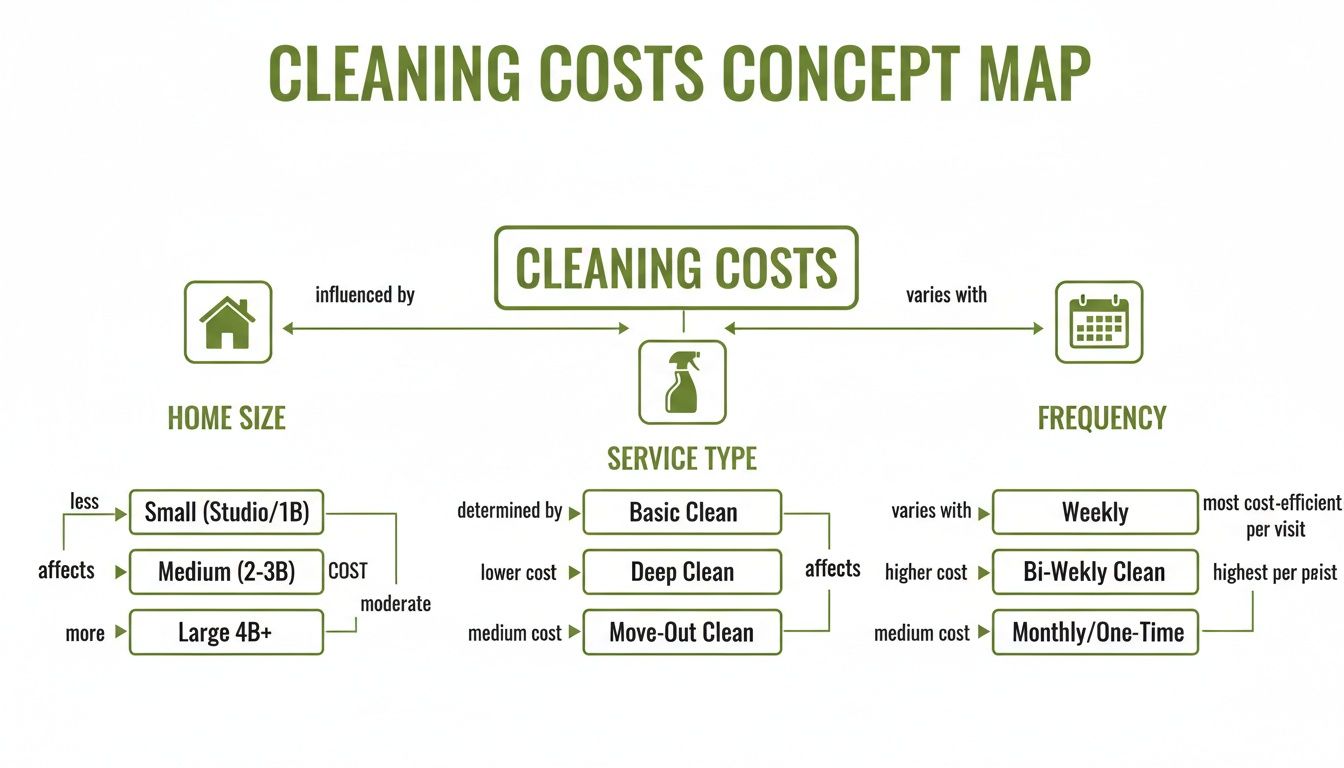 A concept map illustrating cleaning costs, detailing factors like home size, service type, and frequency.