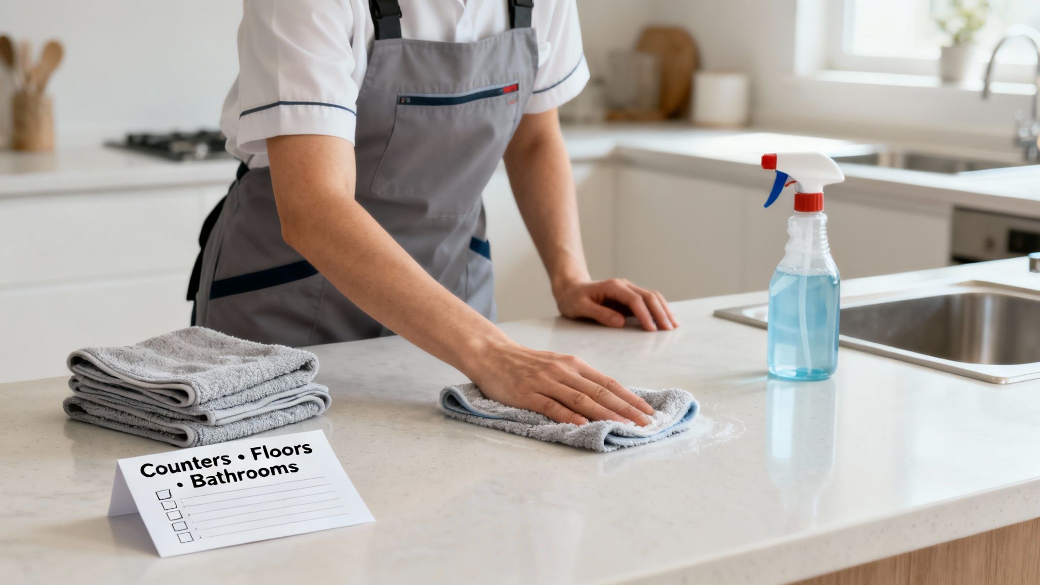 A person in an apron cleans a kitchen counter with a cloth and spray bottle, next to a cleaning checklist.