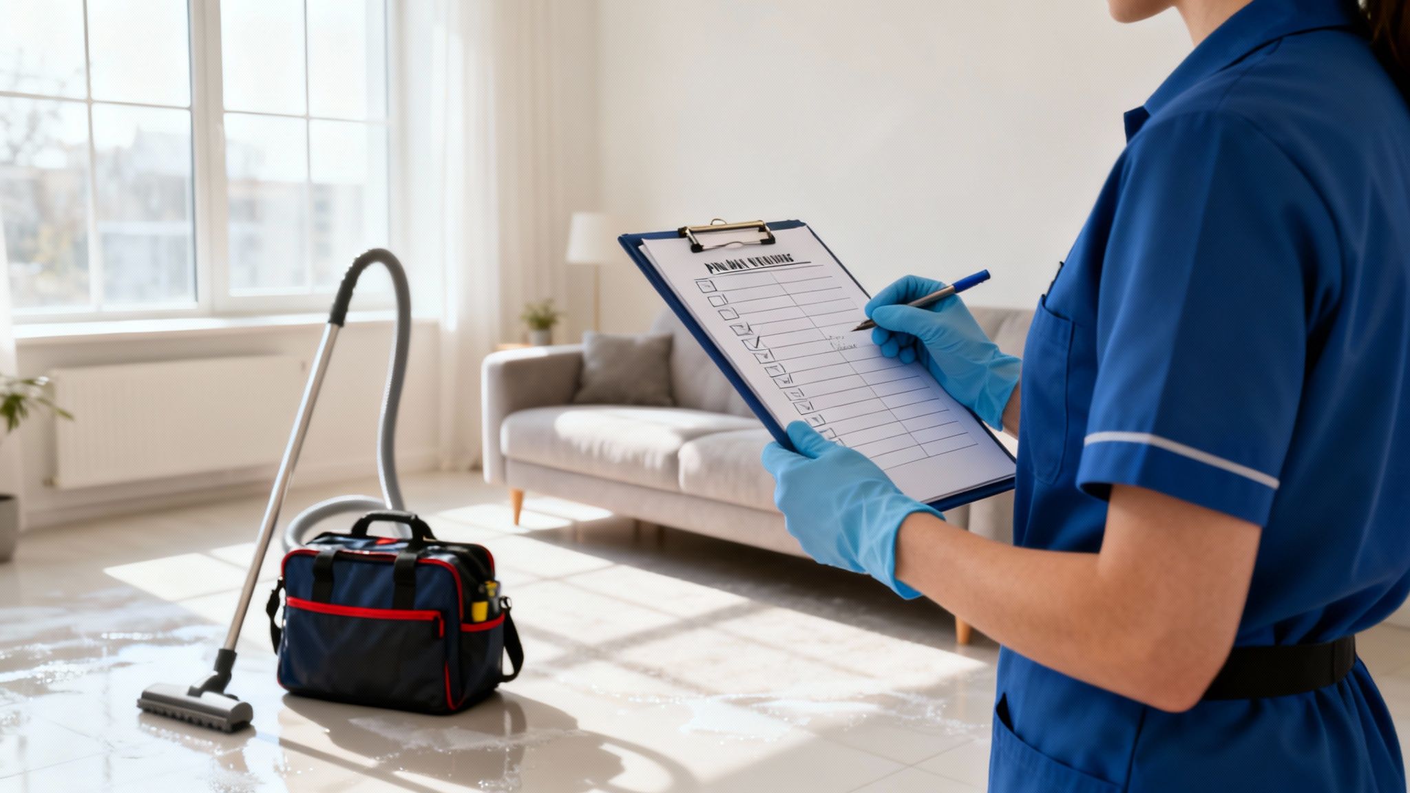 A person in blue uniform and gloves checks a cleaning checklist with a pen, next to a vacuum cleaner and wet floor.