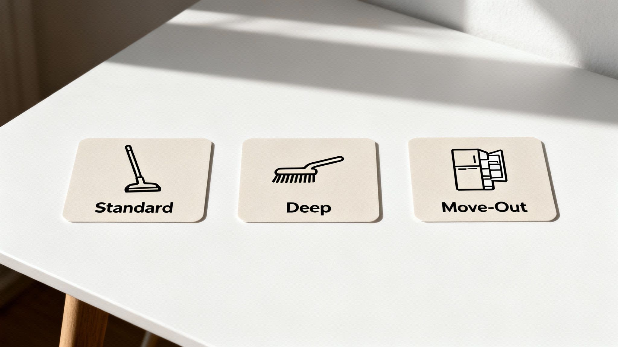 Three cards display cleaning service options: Standard (mop), Deep (brush), and Move-Out (refrigerator).