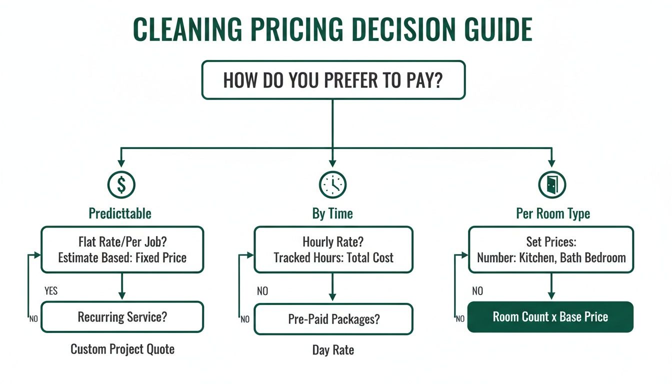 A flowchart titled 'Cleaning Pricing Decision Guide' illustrates various payment options for cleaning services.