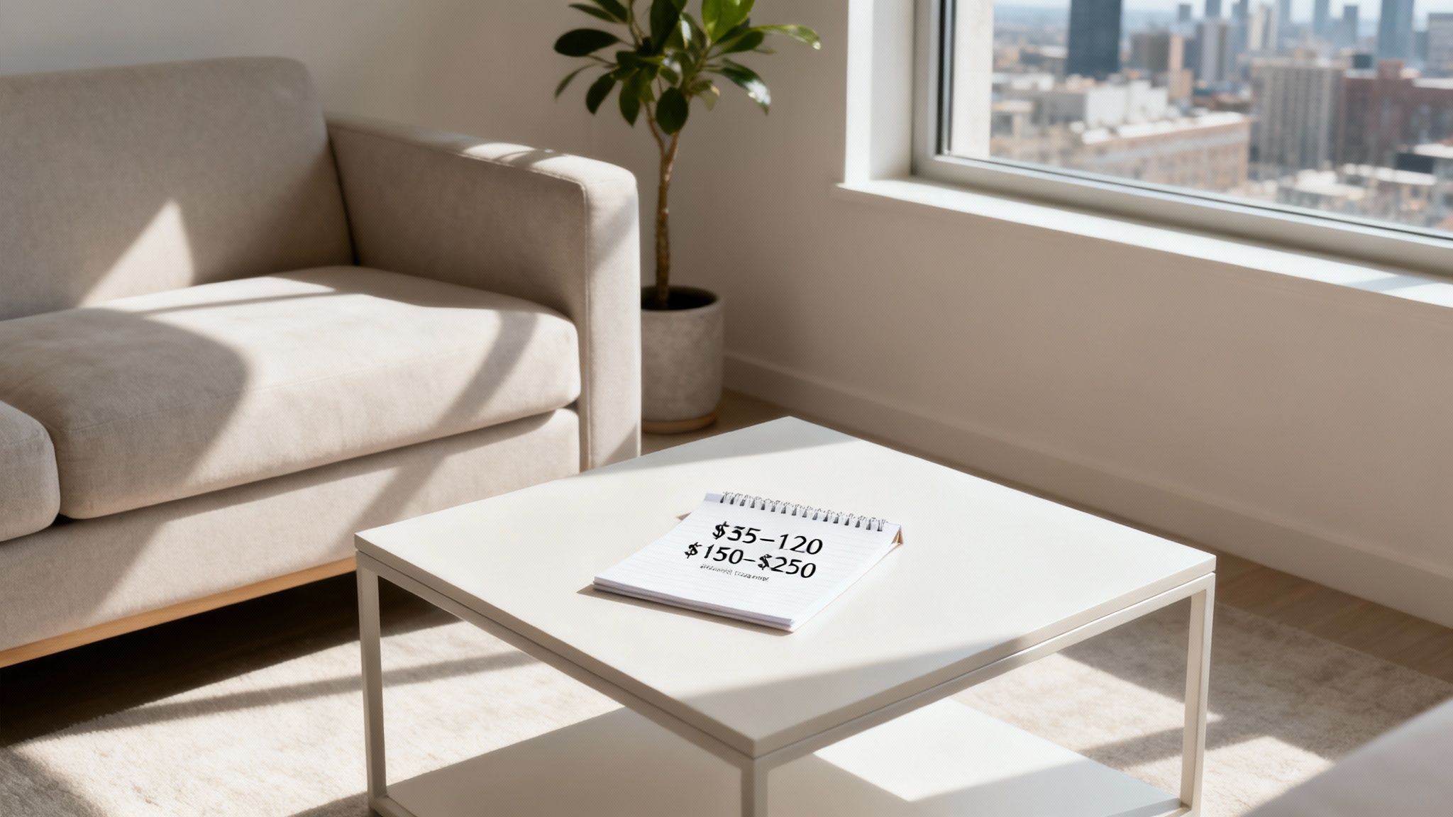 A bright living room with a beige sofa, white coffee table with a notebook, and city view.