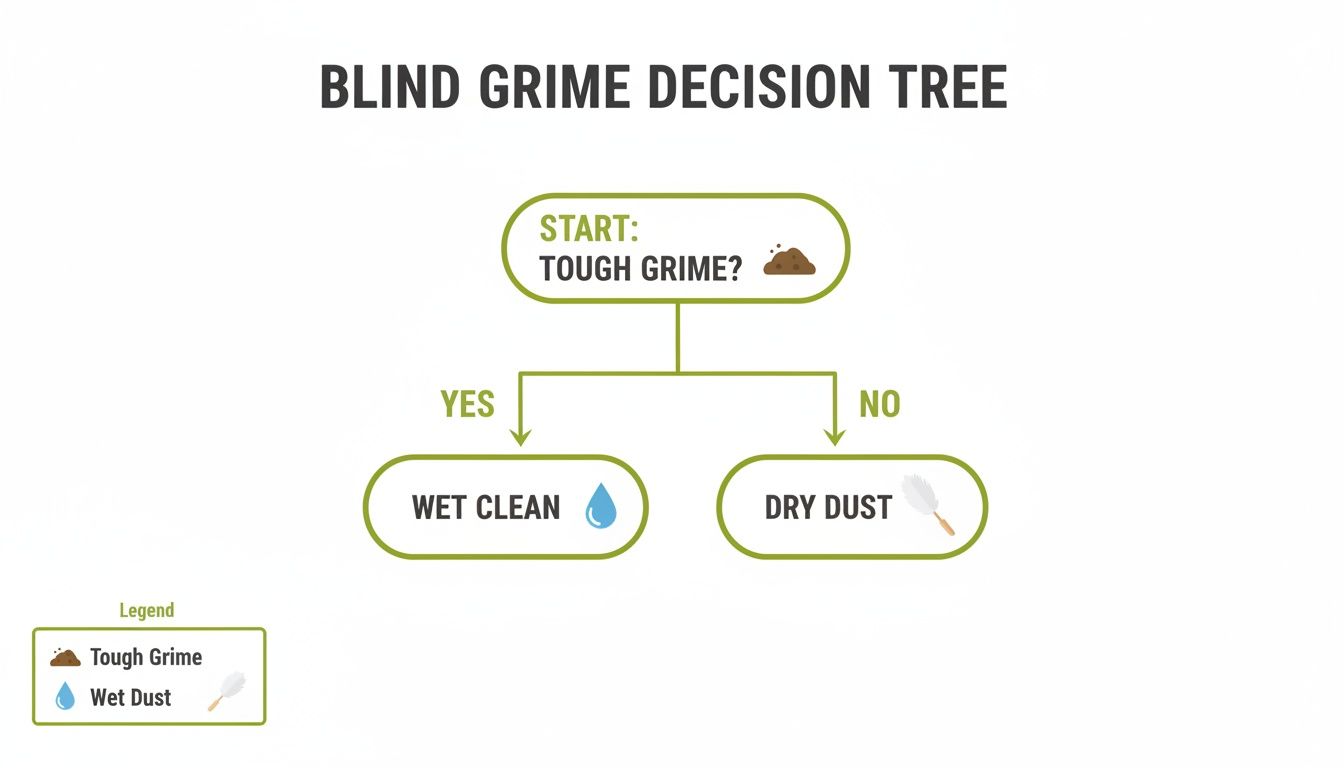 A 'Blind Grime Decision Tree' flowchart showing options for cleaning tough grime with wet cleaning or dry dusting.