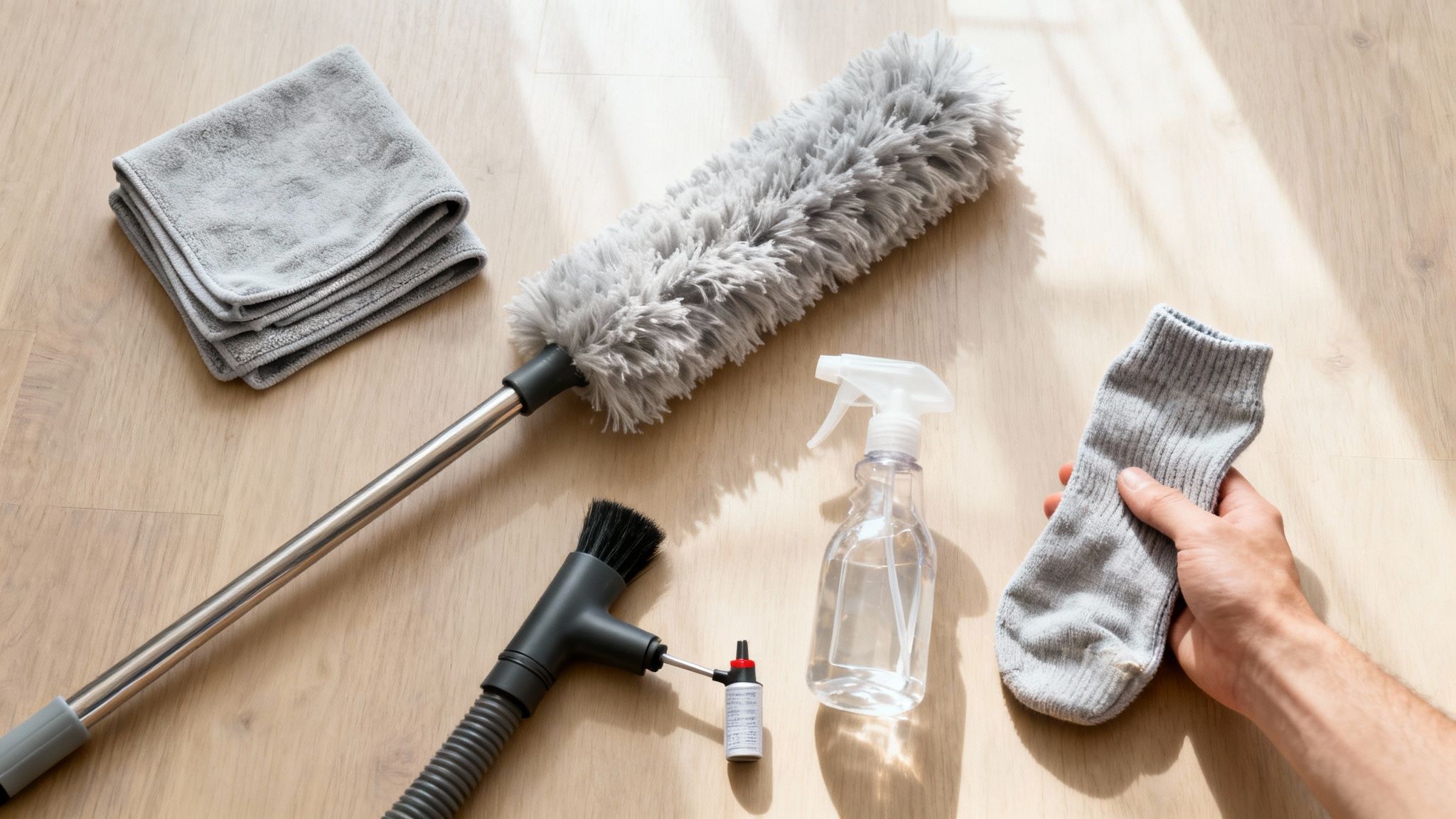 A top-down view of various cleaning supplies including a duster, cloths, spray bottle, and a sock.