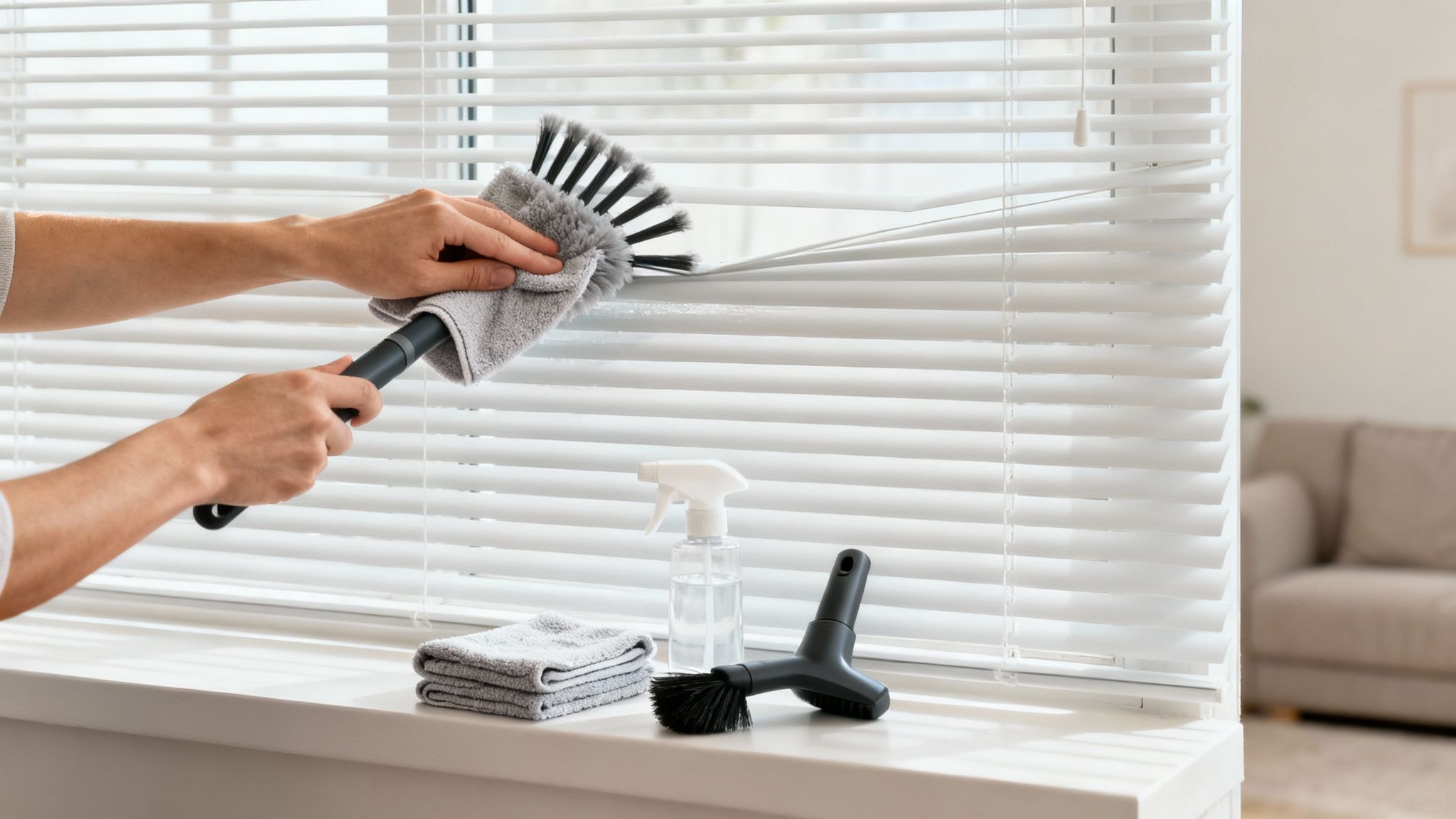 Hands cleaning dusty white horizontal window blinds with a specialized brush and cleaning supplies.