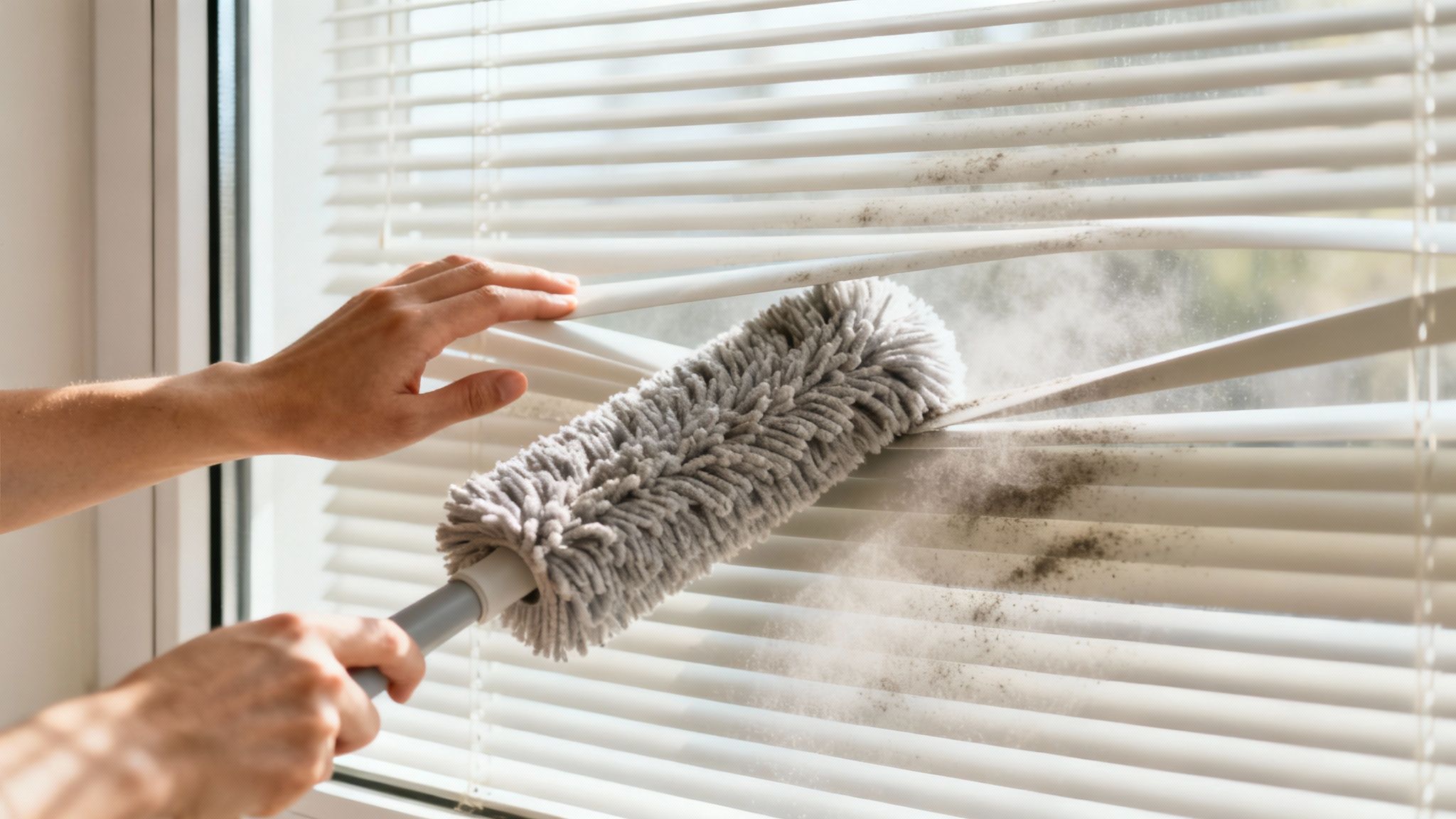 Hands cleaning dirty white horizontal blinds with a gray duster, removing accumulated dust.