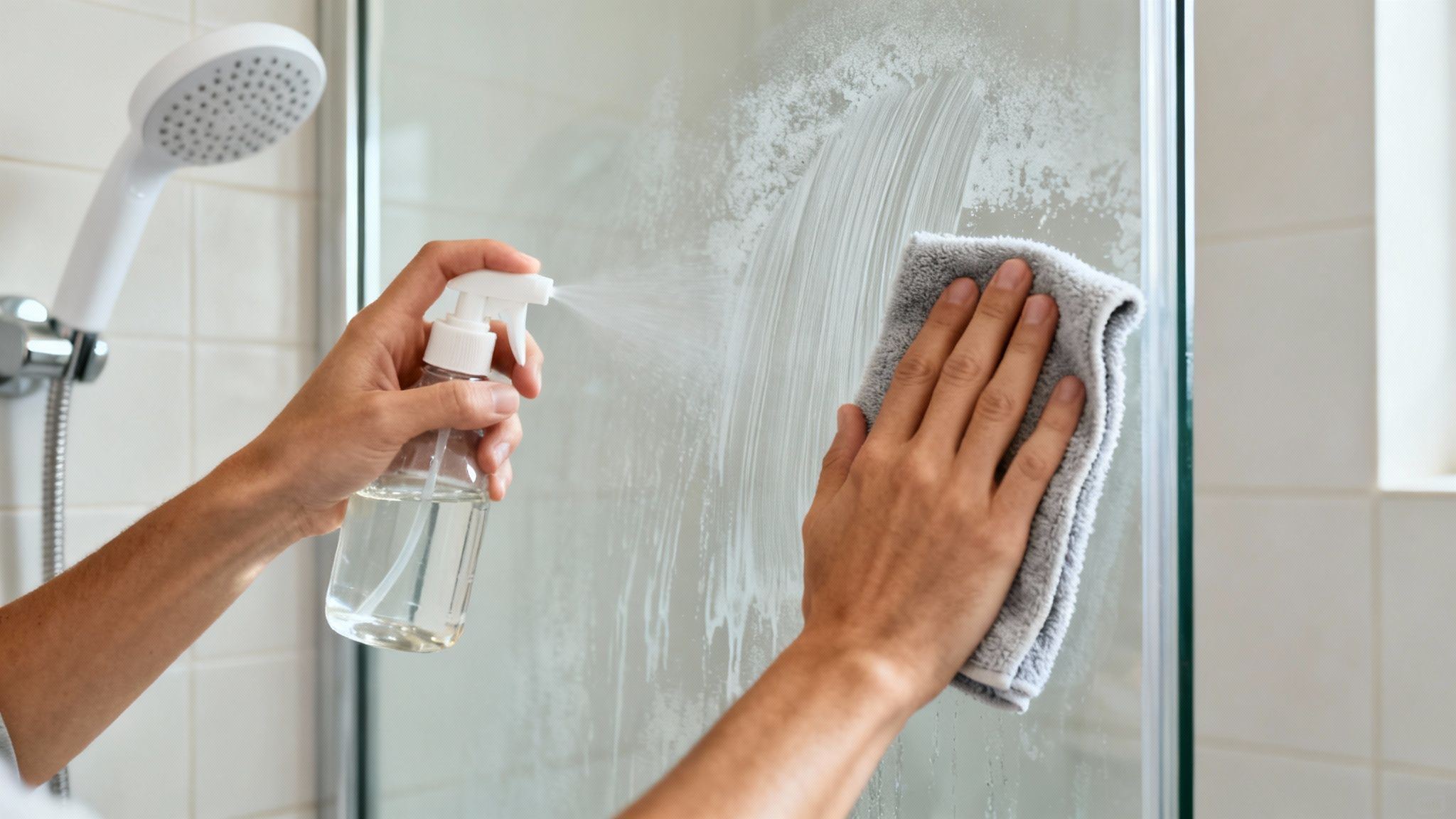 Person's hands cleaning a shower glass door with a spray bottle and a microfiber cloth.