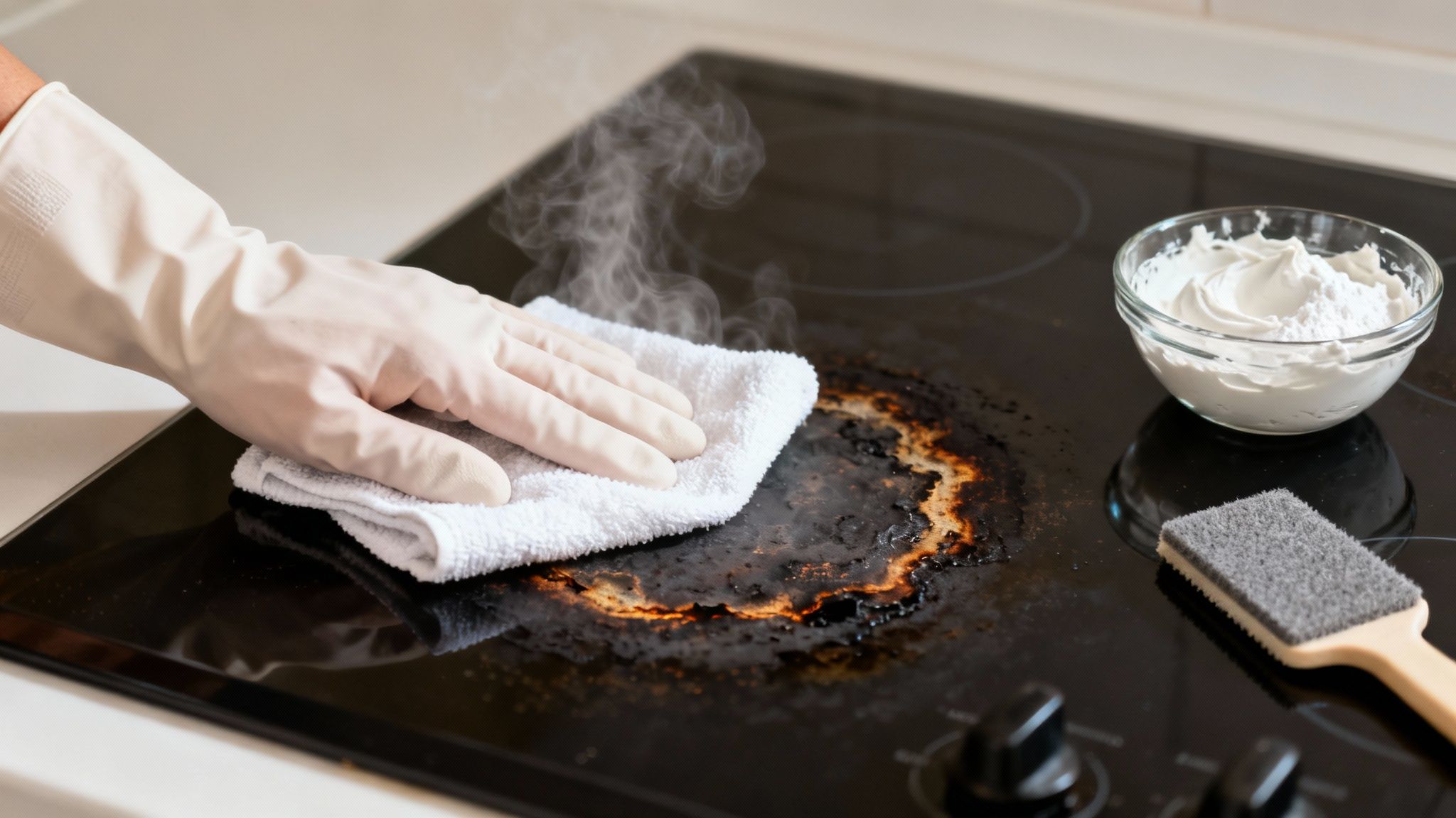 A gloved hand cleaning a heavily burnt and greasy black ceramic stovetop with a white cloth, with steam rising.