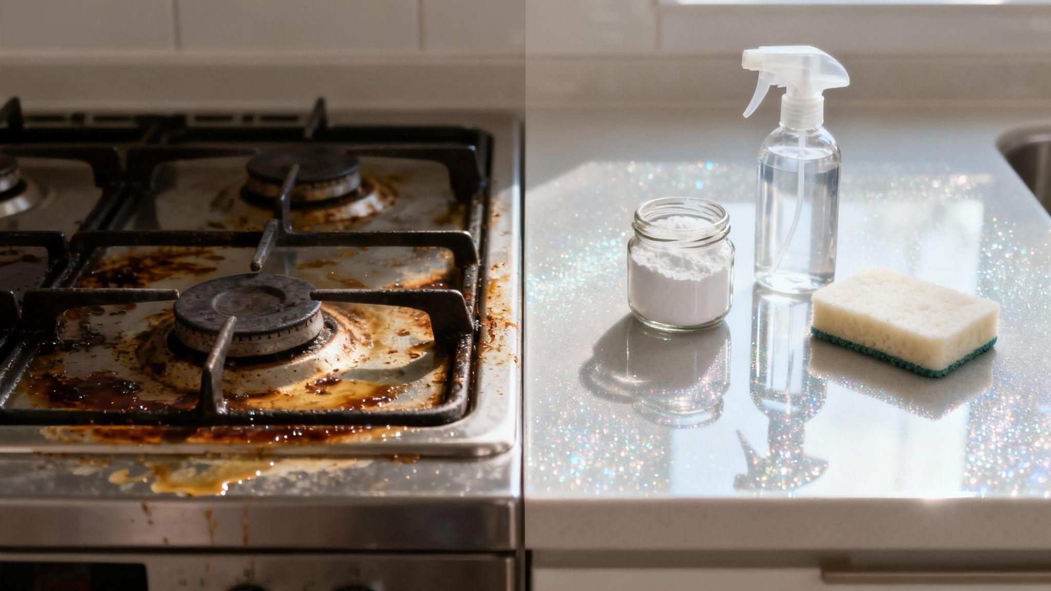 A split image showing a dirty gas stove on one side and cleaning products on a sparkling counter.