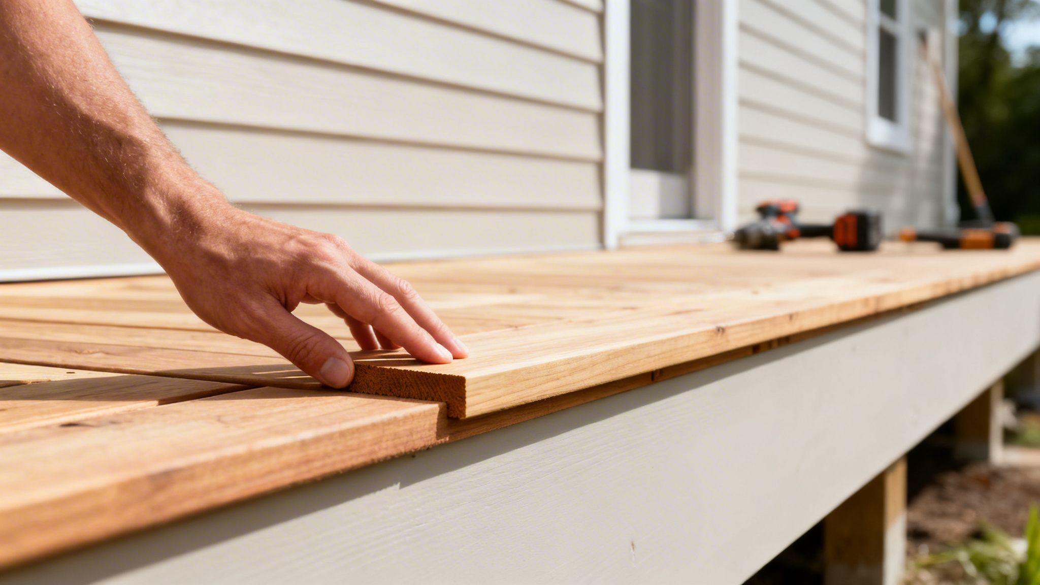 A person's hand places a new wooden board onto a partially built outdoor deck.