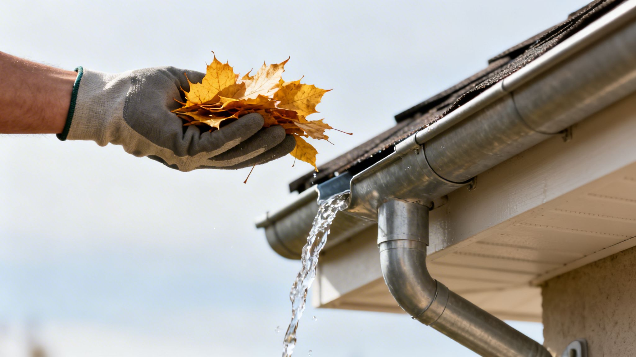 A gloved hand removes a pile of yellow autumn leaves from a metal house gutter with water flowing freely.