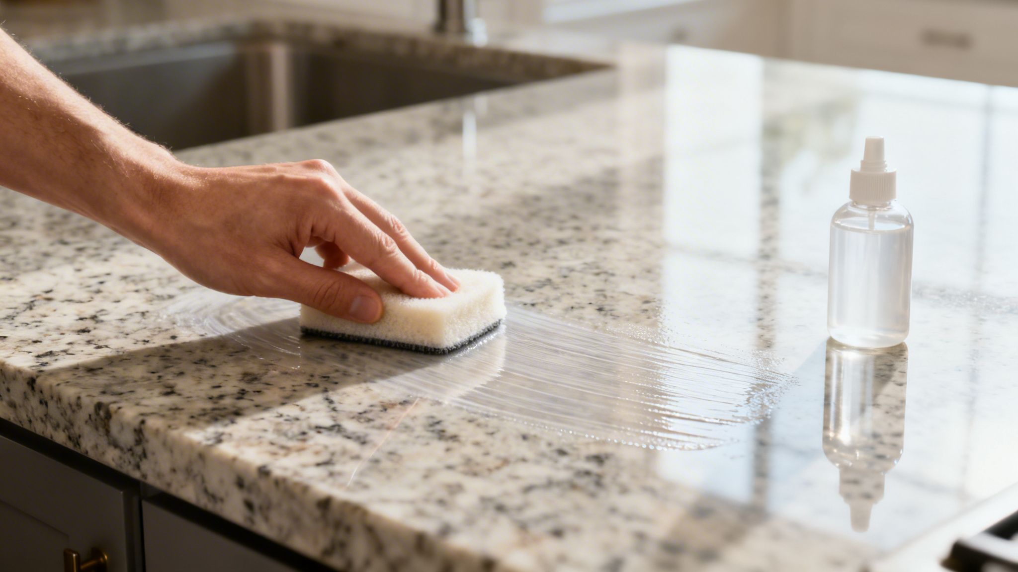 A hand cleaning a speckled granite kitchen countertop with a white sponge and a clear spray bottle.