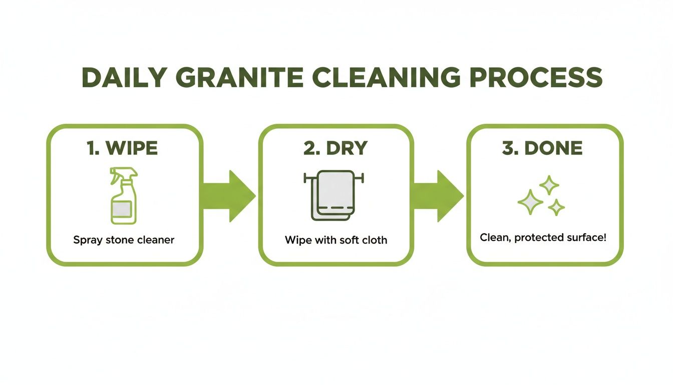 A simple three-step daily process for cleaning granite: wipe with spray, dry with soft cloth, achieve a clean surface.