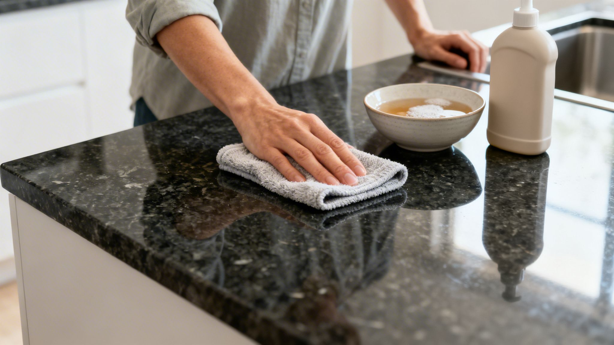 A person cleans a dark granite kitchen countertop with a gray cloth and cleaning supplies.