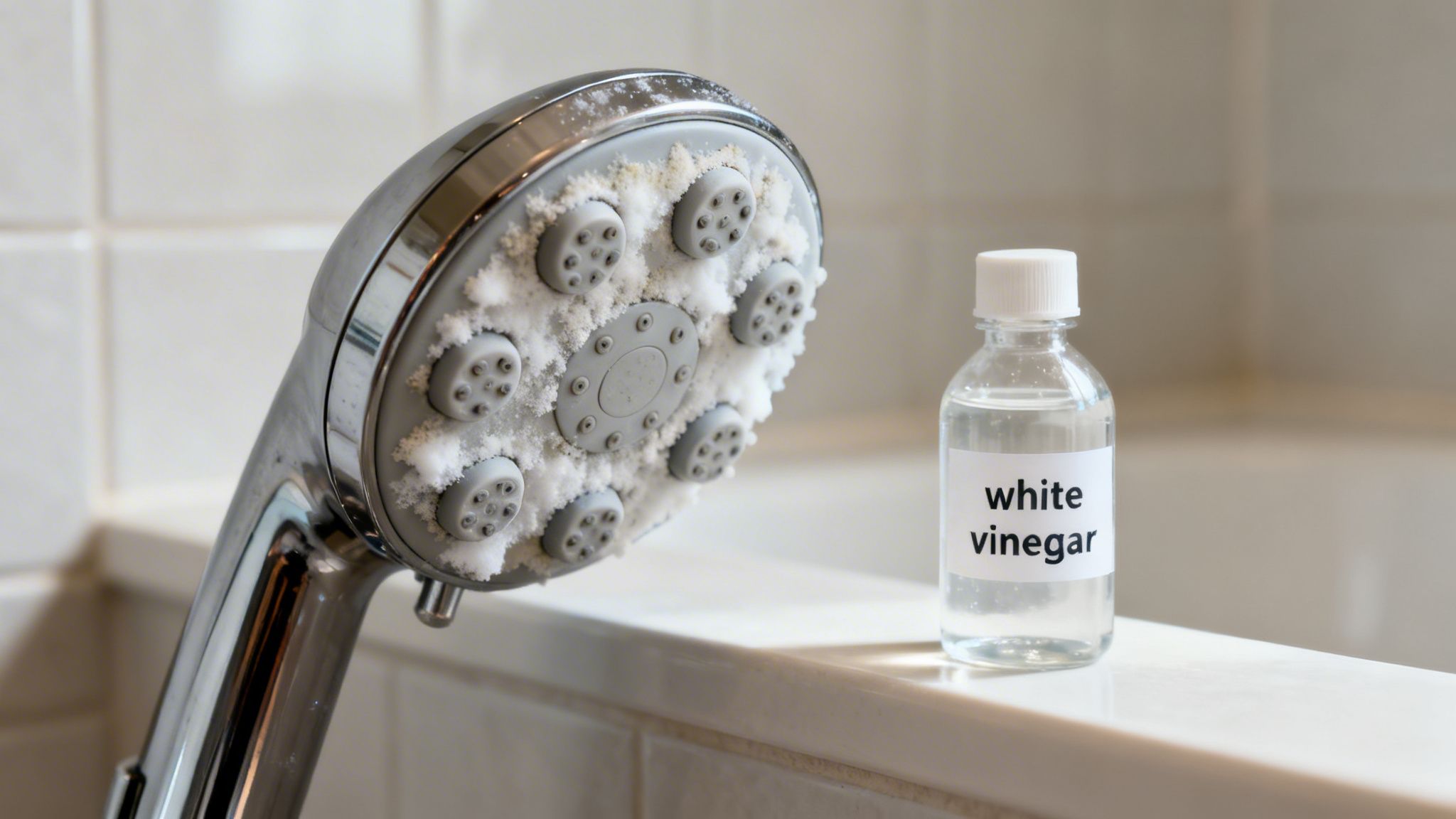 A heavily limescale-encrusted shower head next to a bottle of white vinegar on a bathroom ledge.