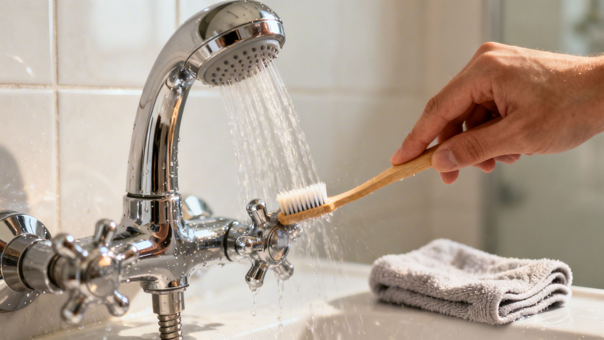 A person's hand cleans a chrome shower head handle with a bamboo toothbrush under running water, with a grey towel nearby.
