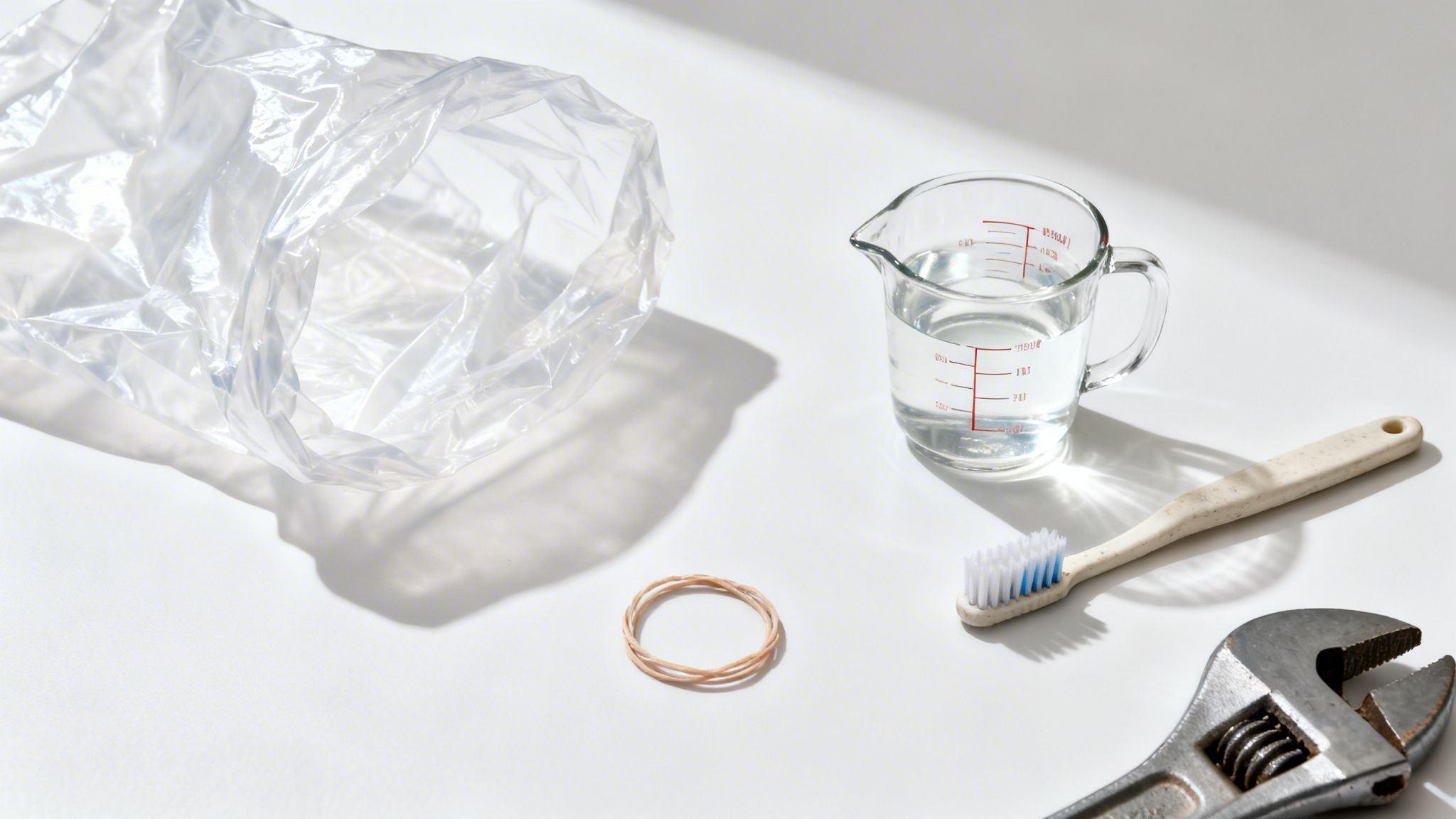 A collection of cleaning supplies on a white background: plastic bag, water, toothbrush, rubber bands, and a wrench.