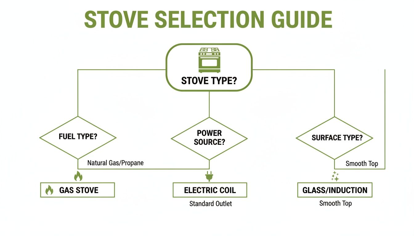 A stove selection guide flowchart detailing choices by fuel type, power source, and surface options.