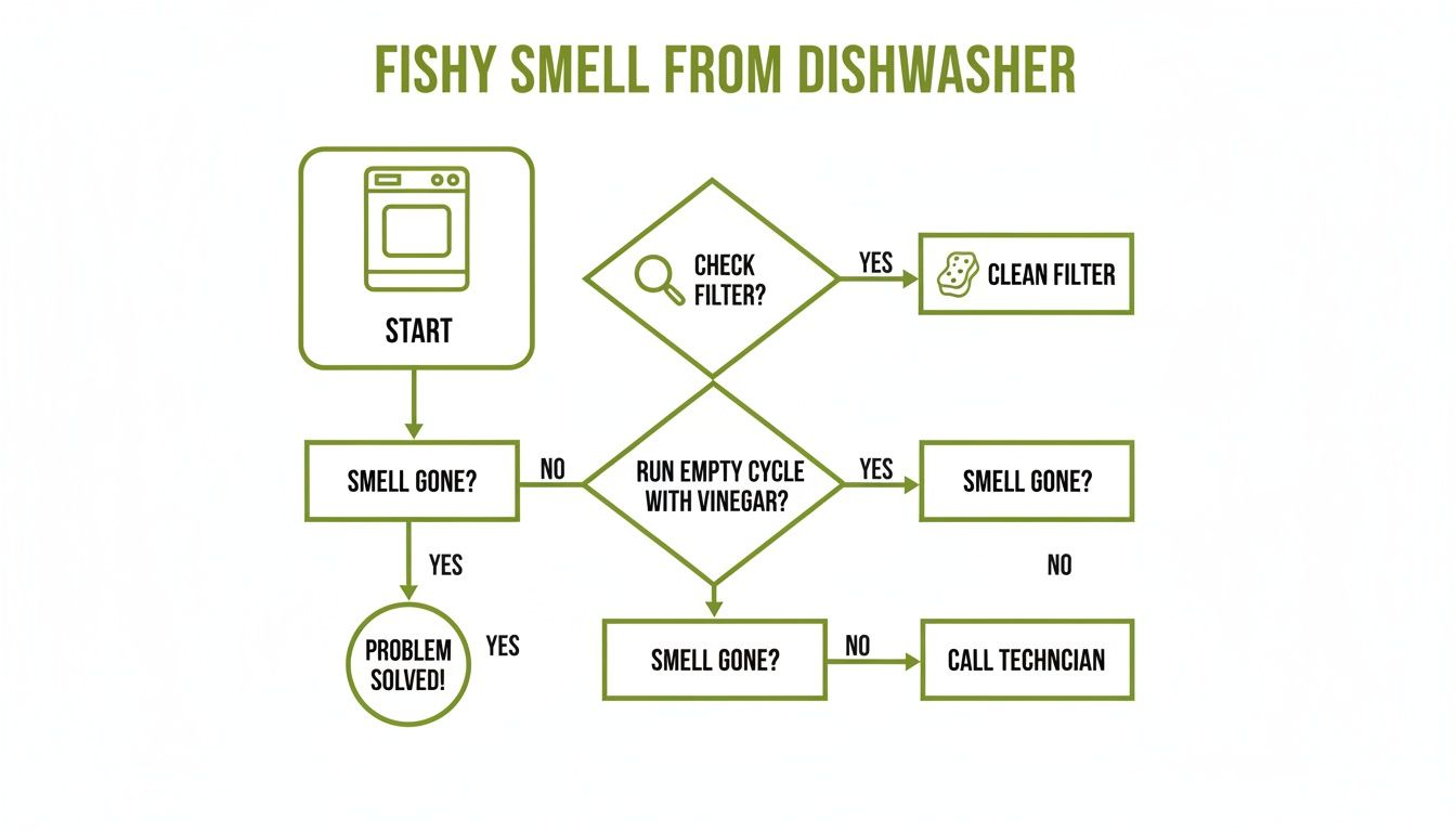 A flowchart guides users on how to troubleshoot and eliminate a fishy smell from their dishwasher.