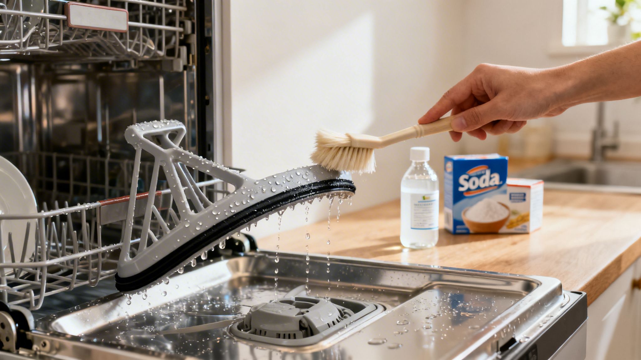 Person cleaning a dishwasher filter with a brush, using baking soda and vinegar for a fresh smell.