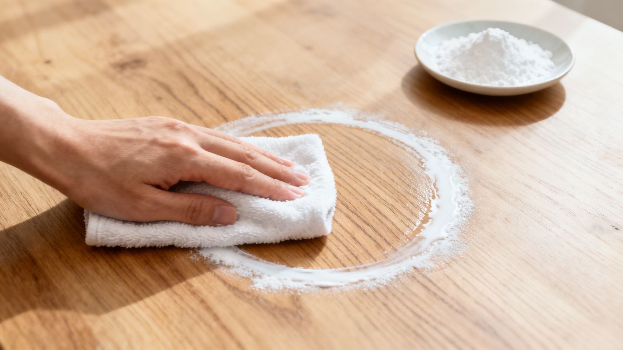 A hand uses a white cloth to clean a wooden table with white powder, addressing a stain.