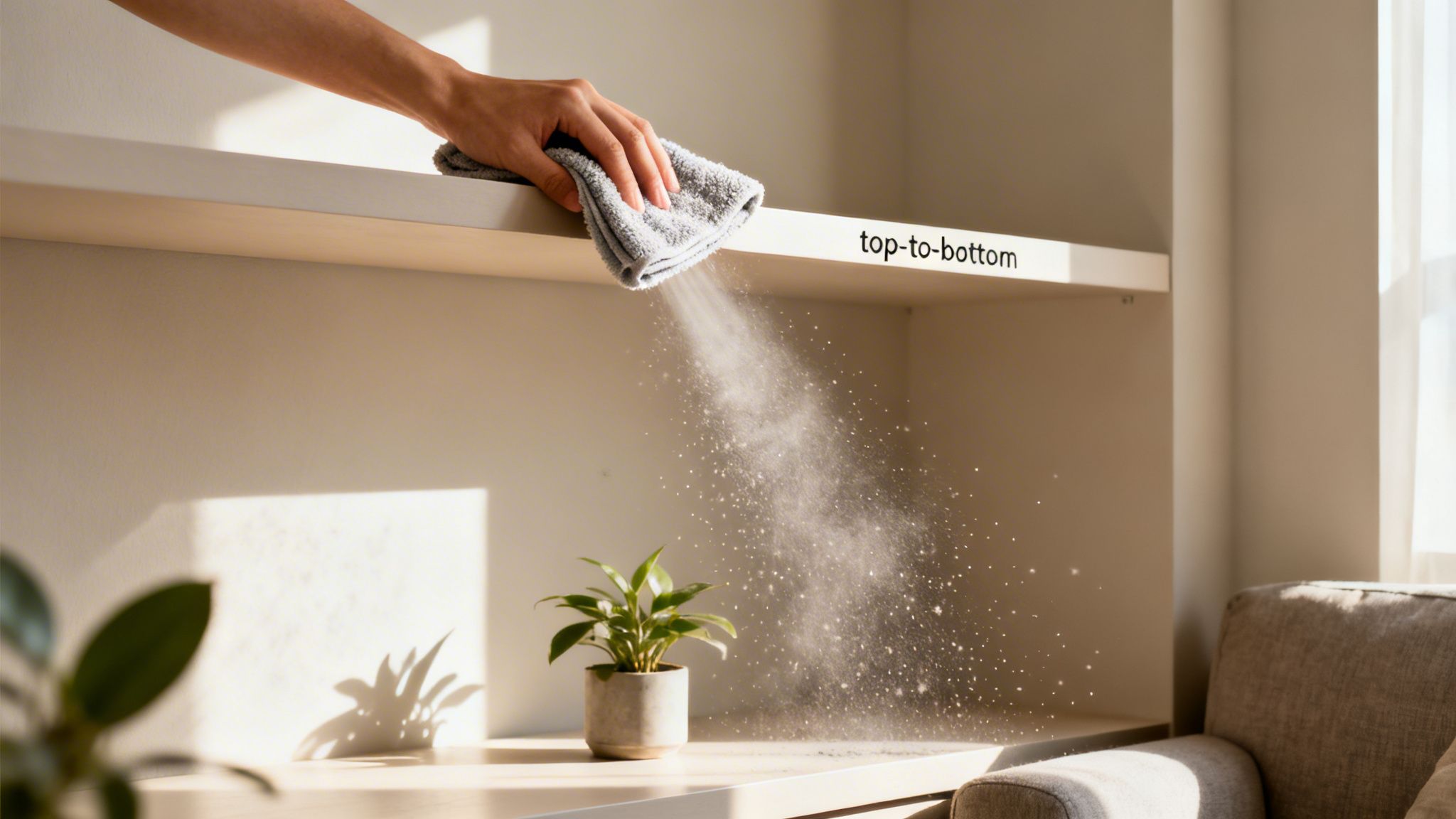 A hand wipes dust off a top shelf with a cloth, illustrating the top-to-bottom cleaning method.
