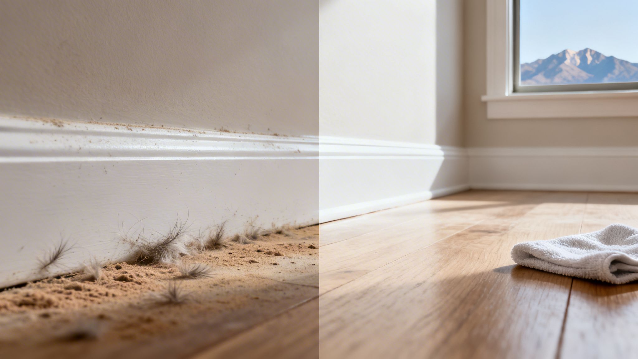 Before and after comparison showing dirty baseboards and floor with dust, then sparkling clean.