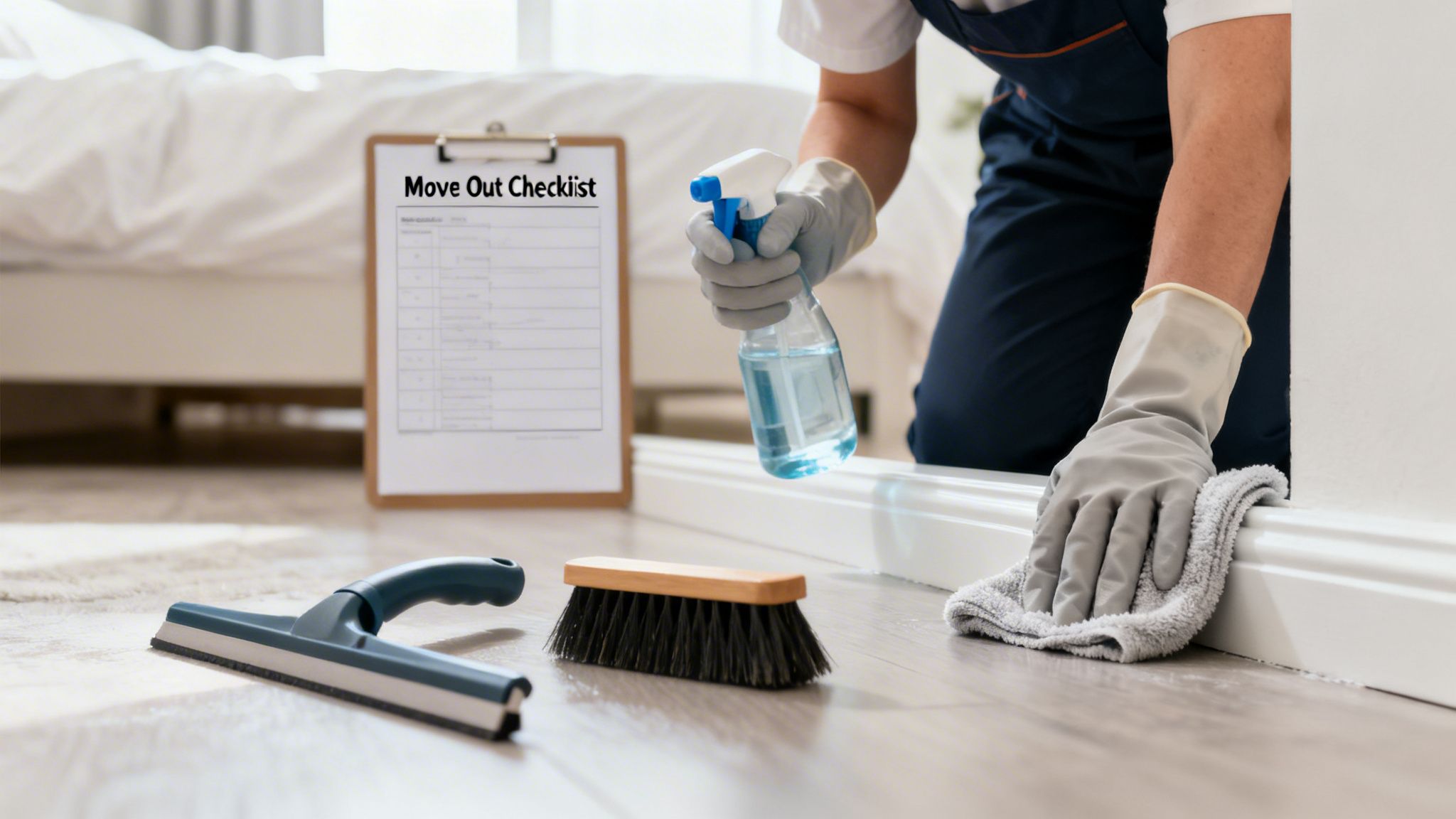 A person in gloves cleaning a baseboard with spray and cloth, next to a move-out checklist.