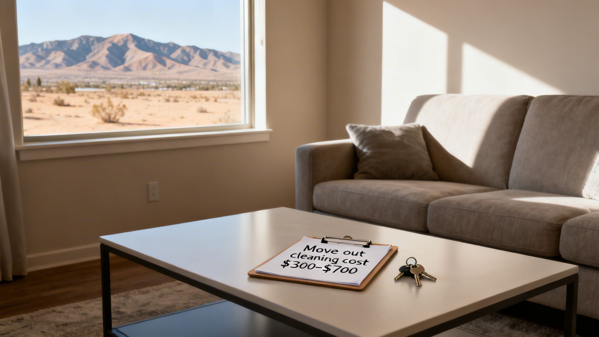 A clipboard with 'Move out cleaning cost $300-$700' and keys on a coffee table in a modern living room.