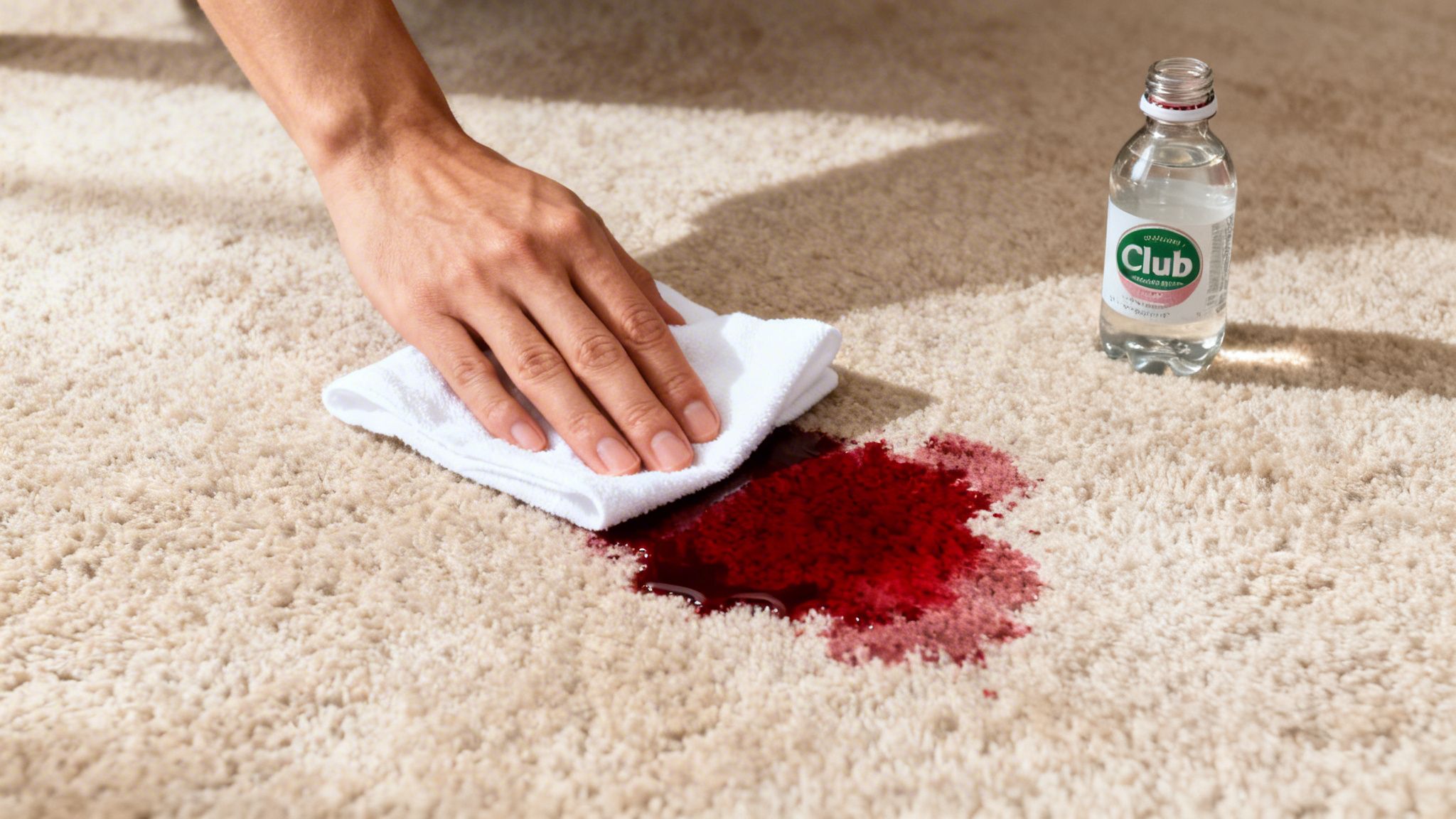 A hand uses a white cloth to clean a red spill, possibly wine, on a light-colored carpet. A bottle of Club soda is nearby.