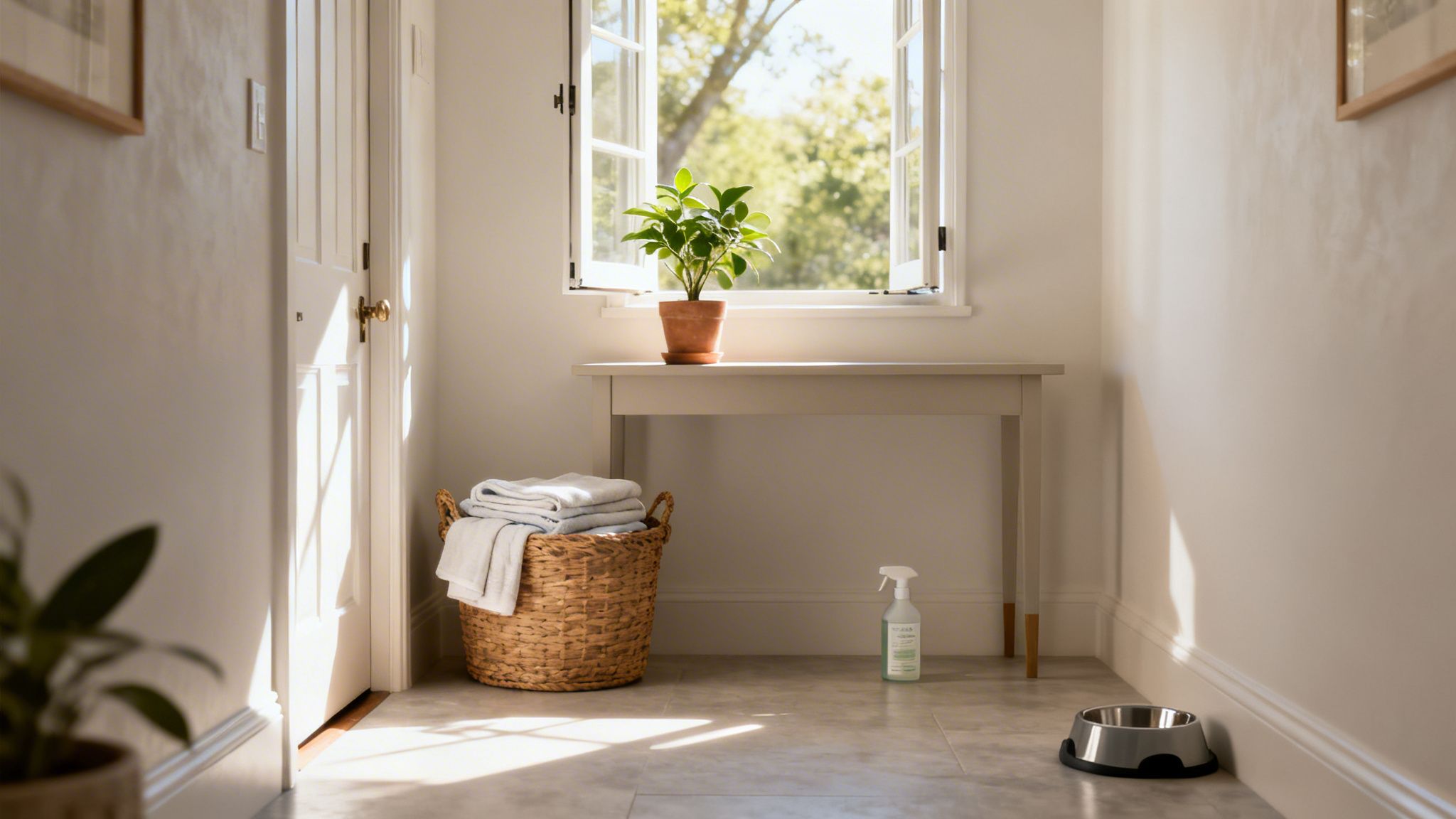 A bright and clean hallway features a plant, laundry basket, cleaning spray, and pet bowl.