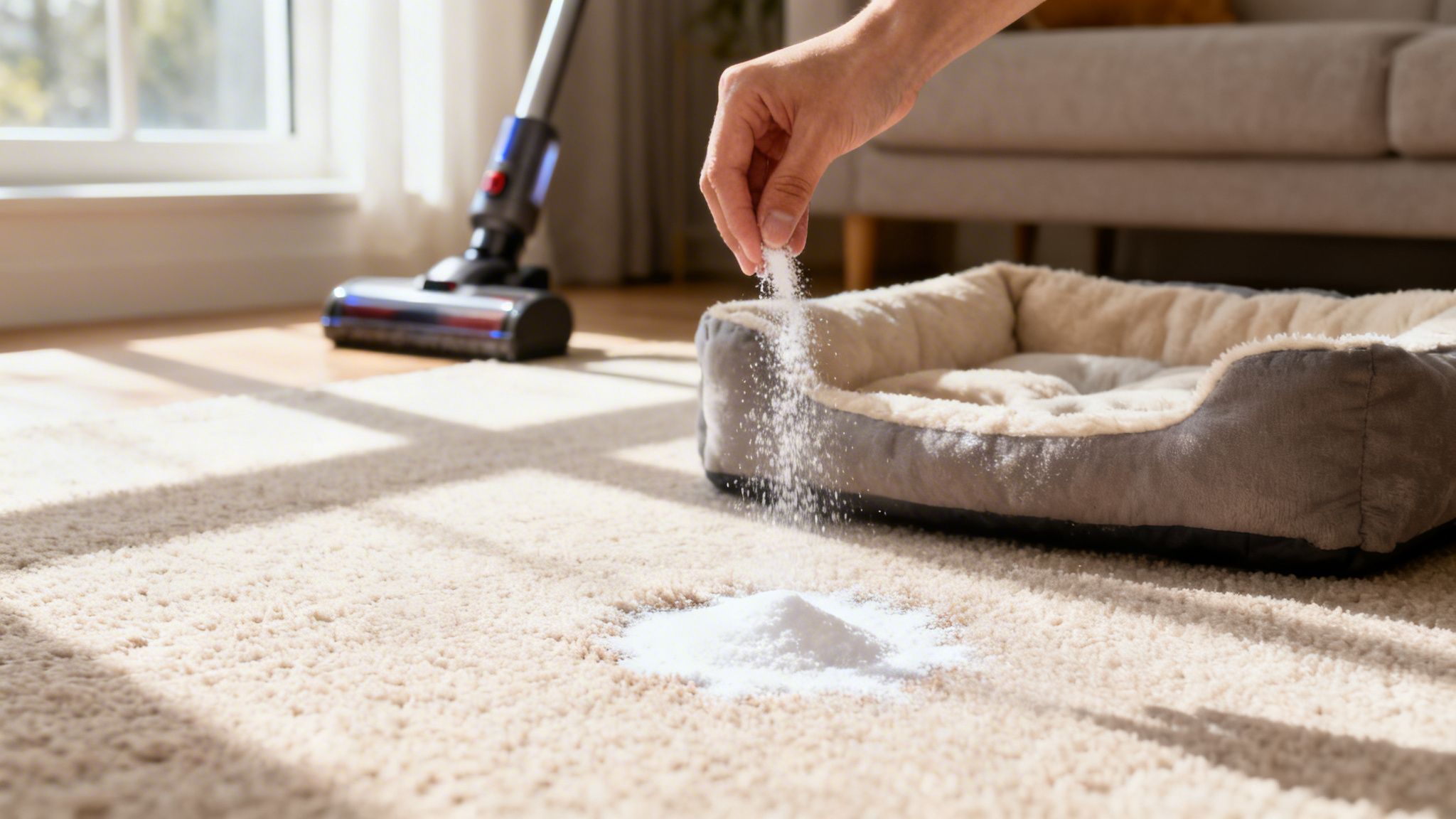 A hand sprinkles baking soda powder on a beige carpet near a pet bed for cleaning.