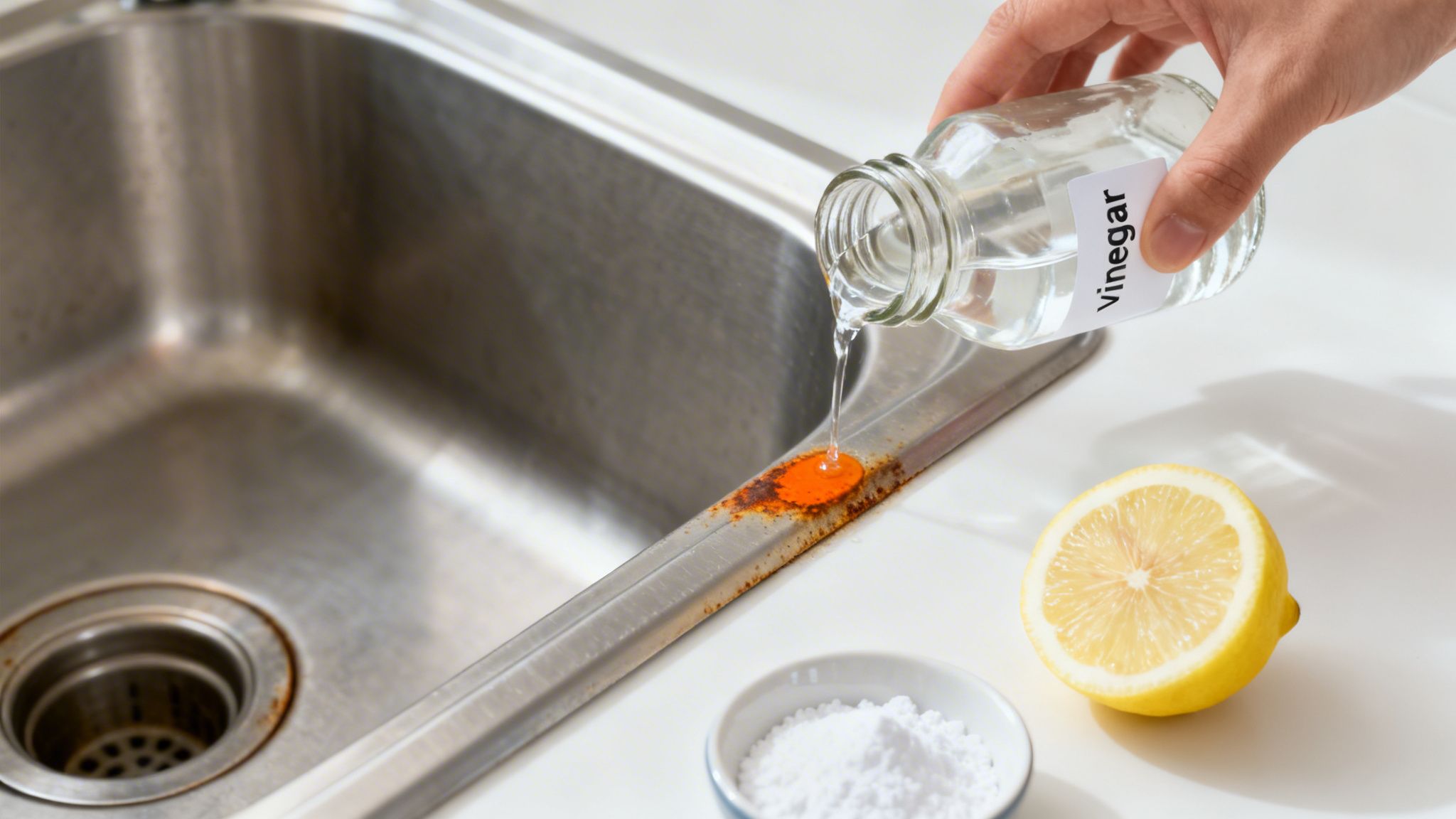 A hand pours vinegar onto stubborn rust stains on a stainless steel kitchen sink, with baking soda and a lemon half nearby.