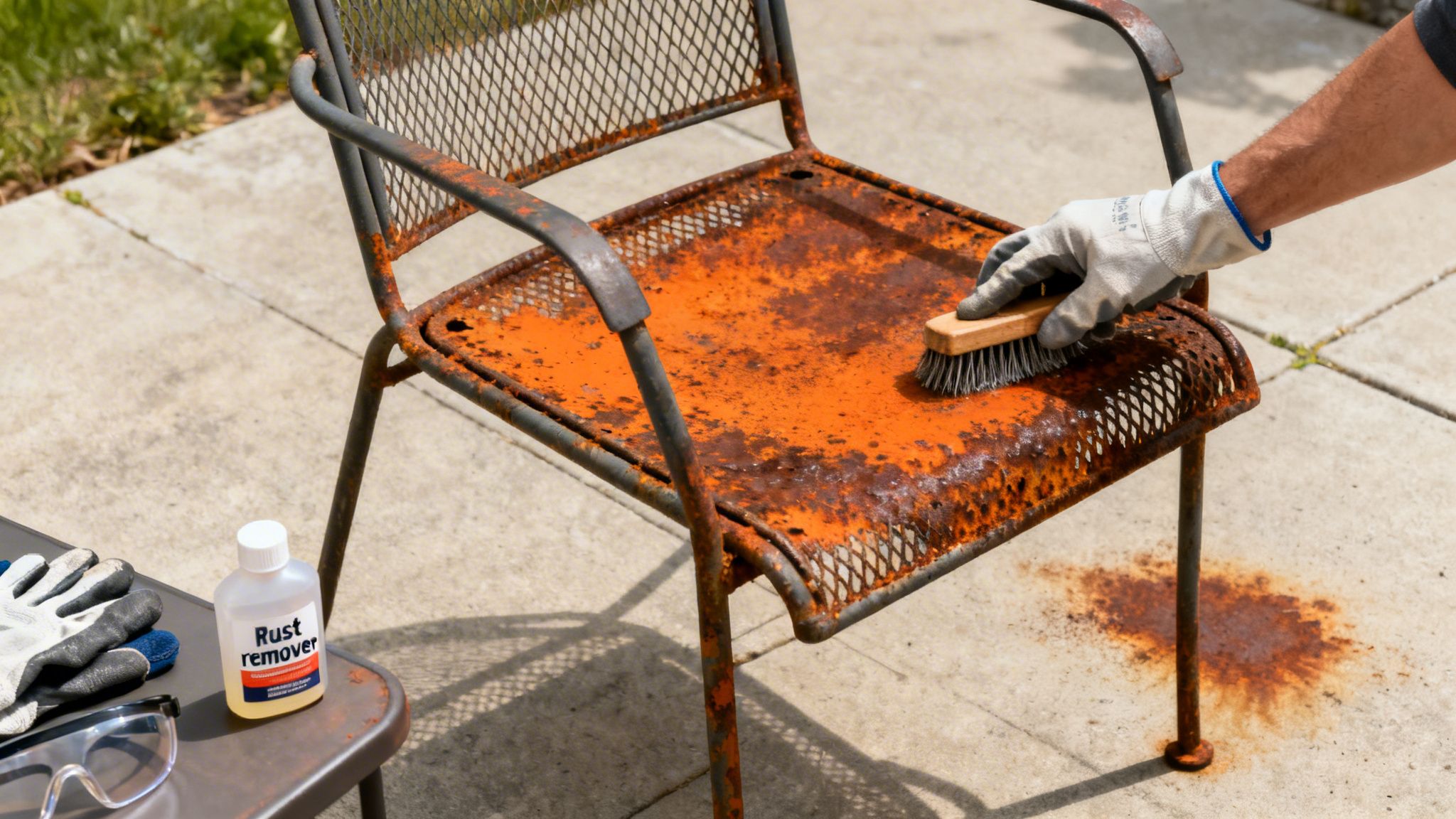 A person in gloves scrubs heavy rust off a metal patio chair with a brush.